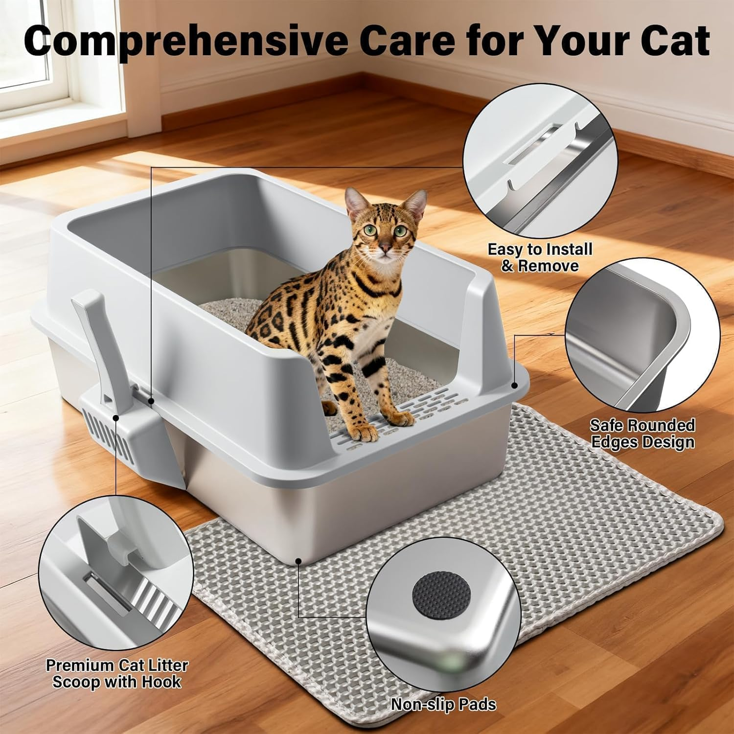 Stainless Steel Litter Box, XL Metal Cat Litter Box with Lid, Extra Large Cat Litter Boxes for Big Cats with High Sides, Easy Cleaning, Non Stick, No Smell, Include Scoop and Mat image number 6