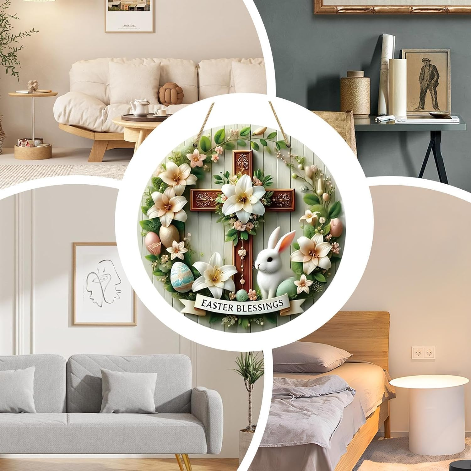 Easter Dangling Sign - Easter Blessing Welcome Sign for Front Door | 20Cm round Plate Dangling Decoration, Bunny with Colorful Eggs Decor for Home Farmhouse Indoor Outdoor image number 2