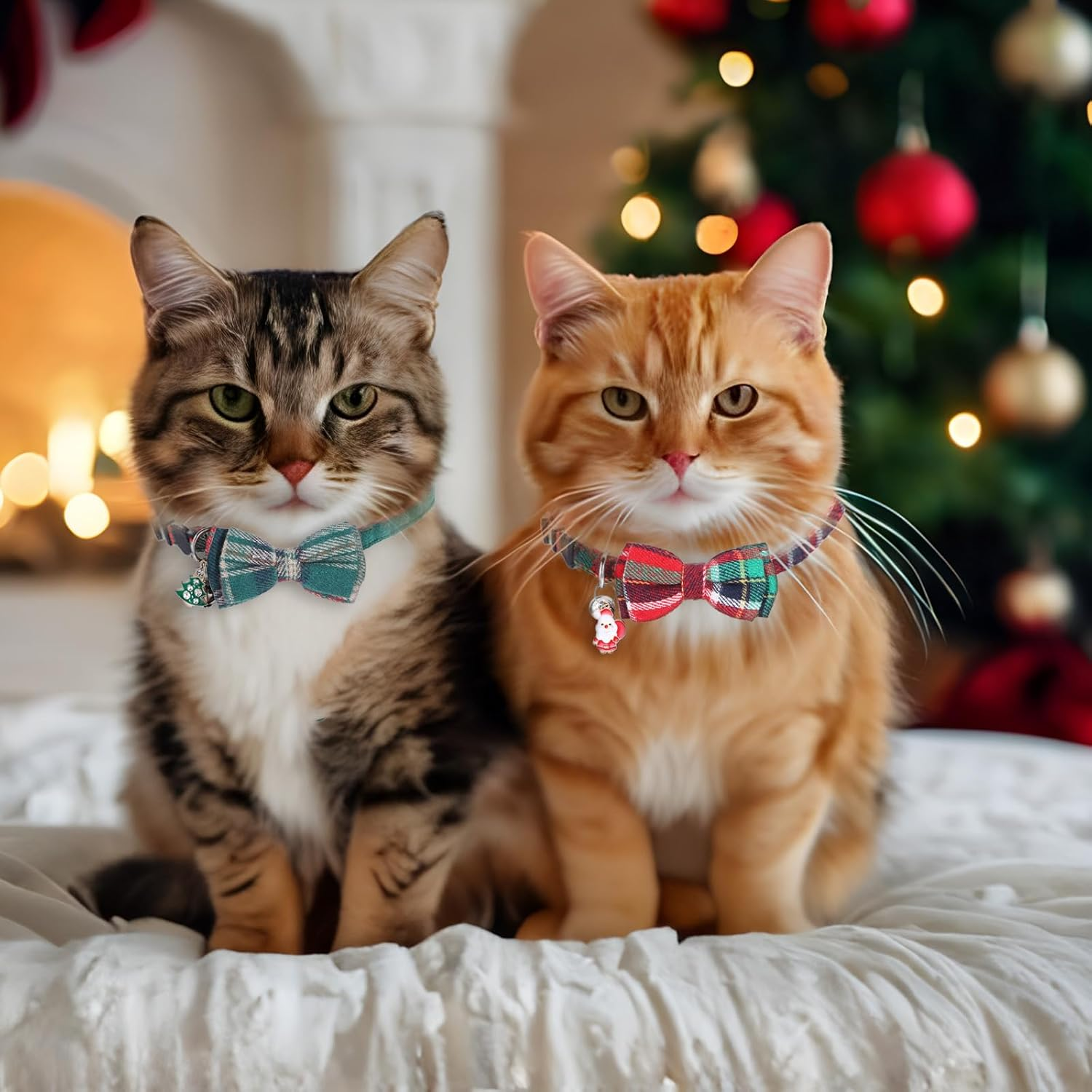 Prasacco Pack of 2 Christmas Cat Collars, 30 X 1 Cm, Adjustable Kitten Collar, Cute Cat Collar with Santa Claus, Christmas Tree, Small Bow and Bell (Green, Red) image number 5