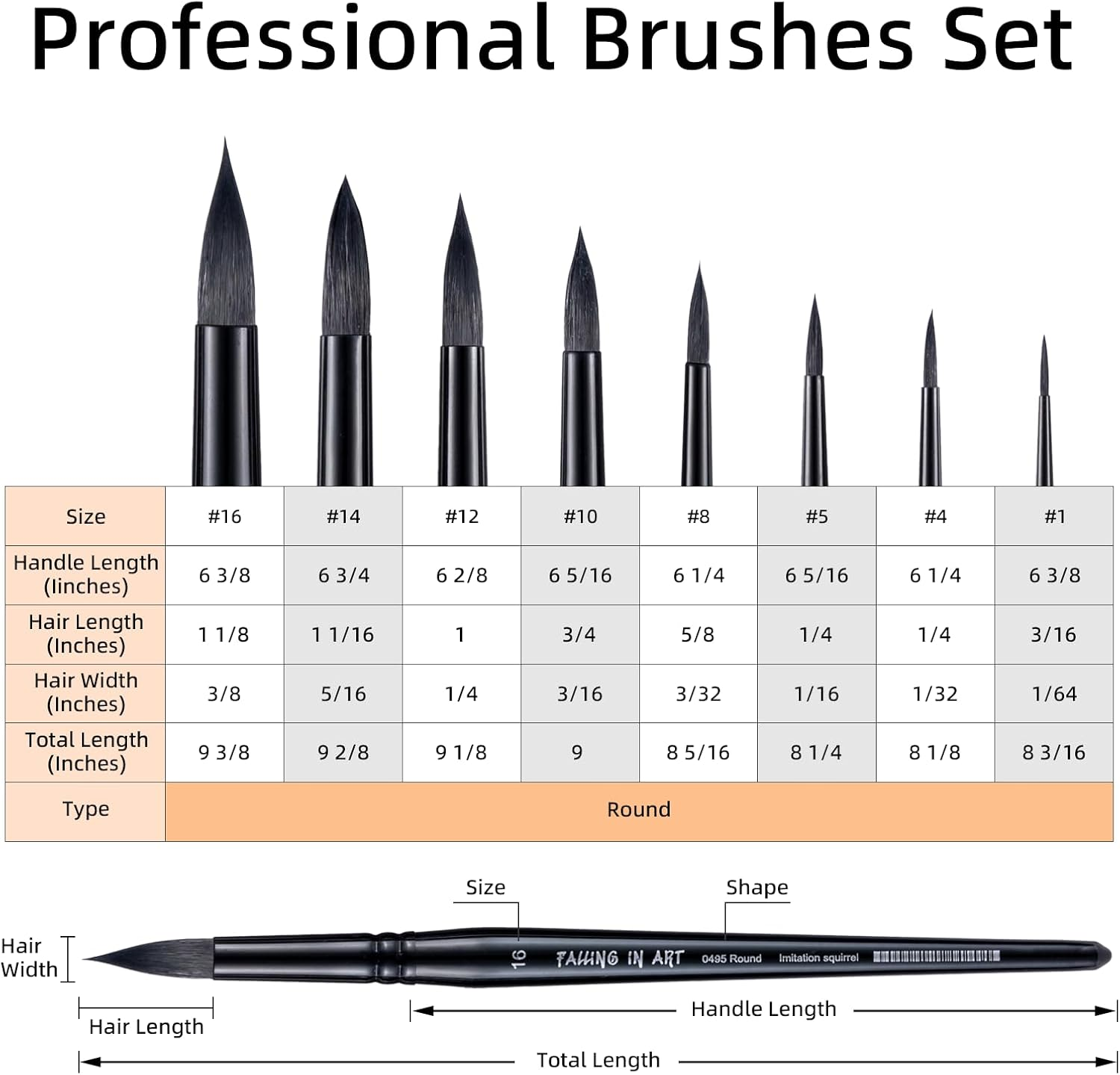 Falling in Art Professional Paint Brush Set, round Pointed Paintbrush Set, Wooden Handle Squirrel Hair Artist Brushes for Watercolor Painting(Black Handle) 8 Pcs - Black image number 2