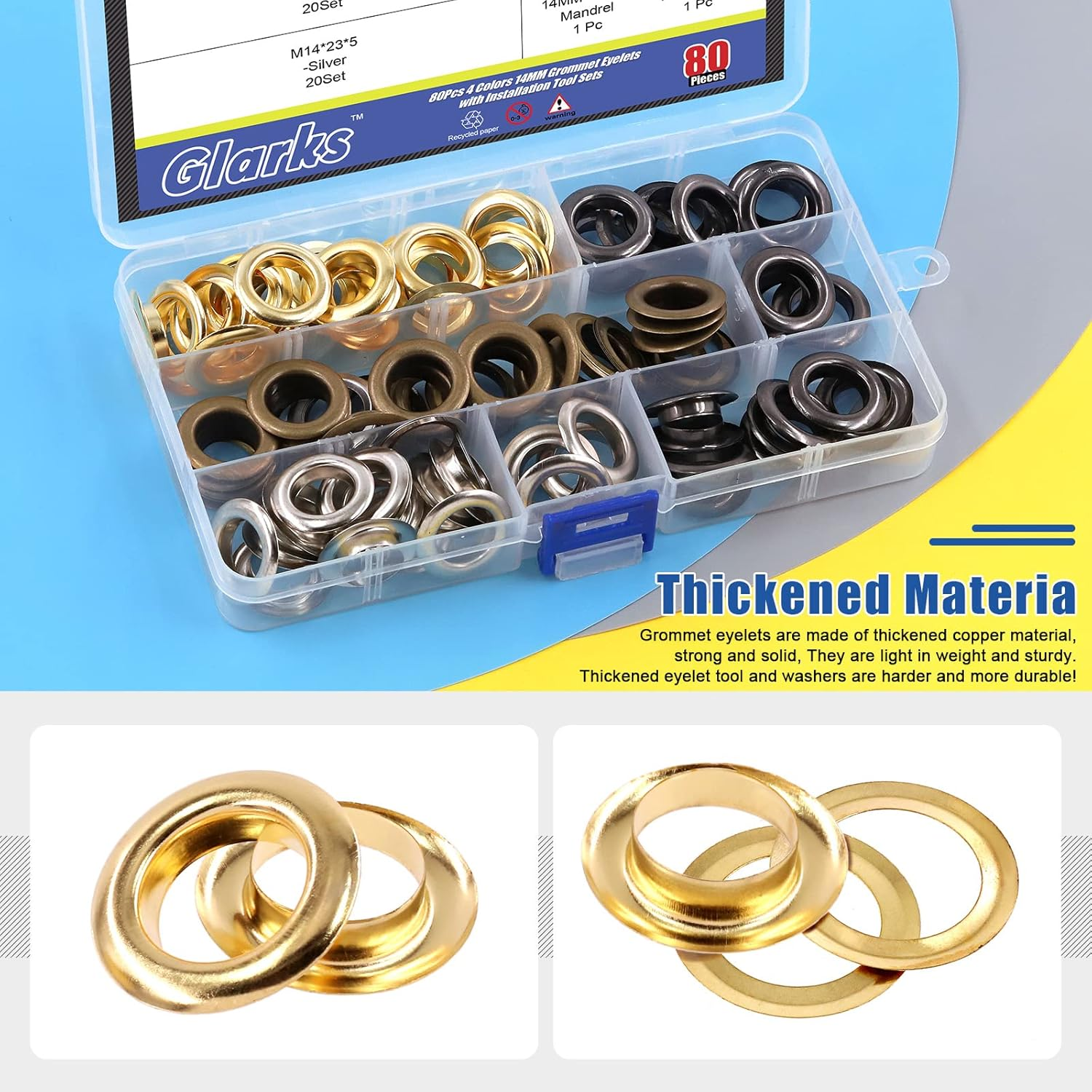 Glarks 82Pcs 14MM Thickened Grommets Eyelets with Tool Sets, 80Pcs 4 Colors Grommets Eyelets with Washers and 4Pcs Installation Tools for Fabric, Canvas, Curtain, Clothing, Leather Repair image number 3