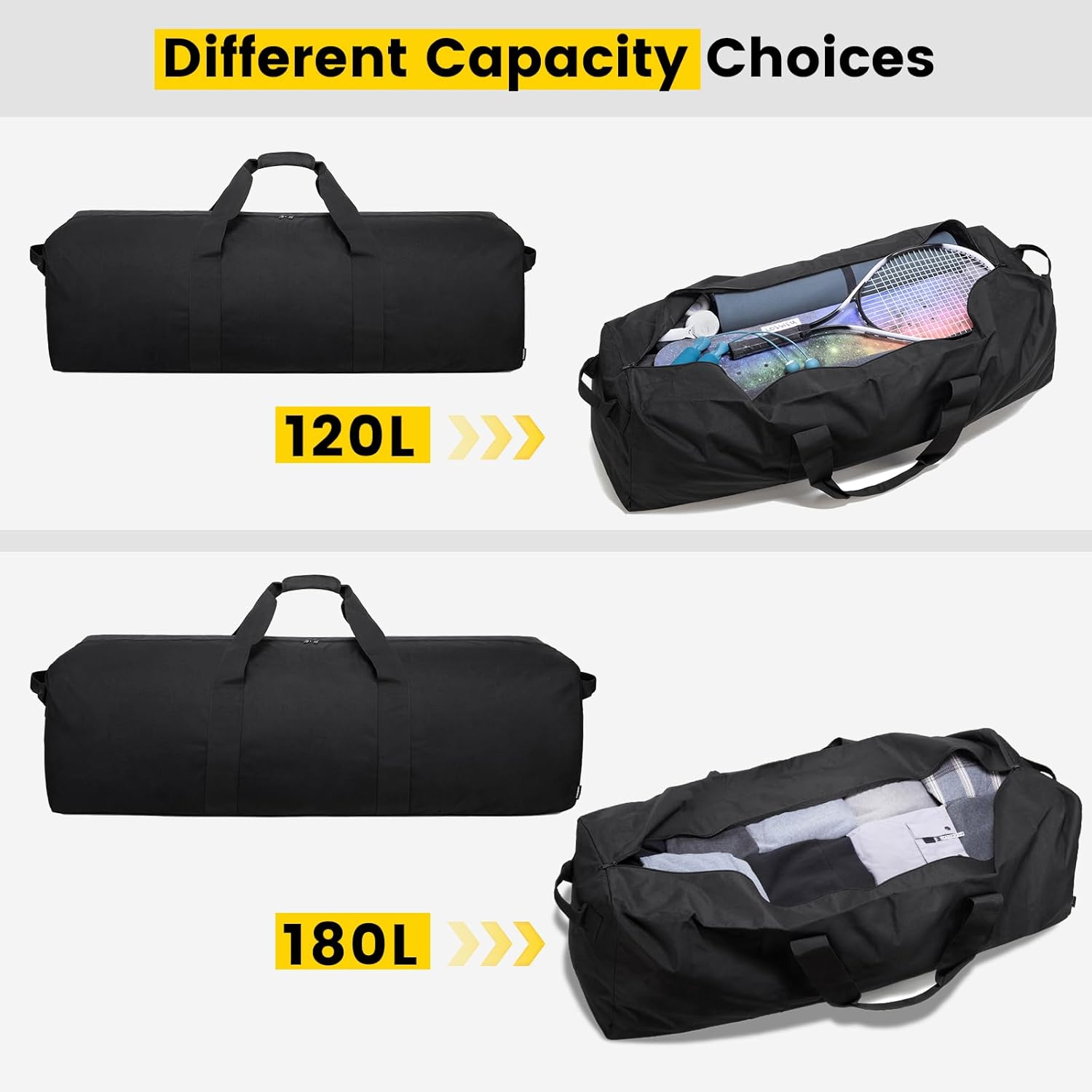 Vorspack Duffle Bag for Travel - 120L/180L Extra Large Duffel Bag for Men Foldable Camping Bag for Storage Weekender Bag Gear Bag for Overnight Tent Sports Moving, Black, 120L, Duffel, Black, 120L image number 2