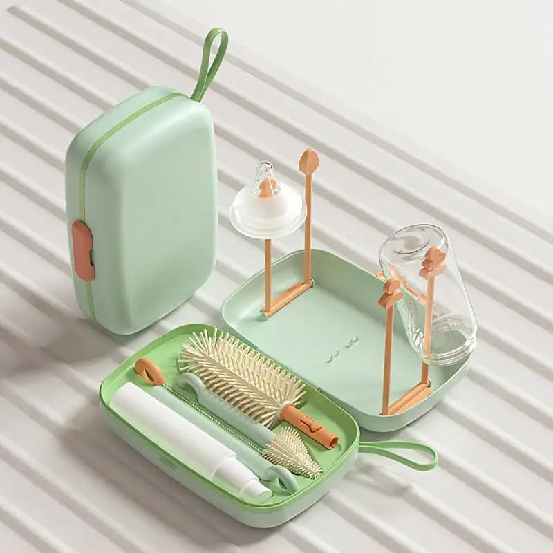 Travel Baby Bottle Brush Set with Portable Silicone Bottle Brush Nipple Cleaner Brush Straw Brush Soap Dispenser and Bottle Drying Rack (Green) - White image number 2