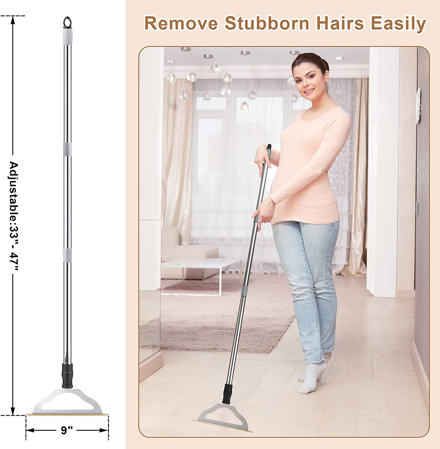 Hold a Star 47'' Long Handle Carpet Rake Pet Hair Remover,Reusable Large Metal Lint Remover Brush for Embedded Fur Removal from Low Pile Rugs Stairs,Carpet Scraper Dog Cat Broom,Silver,(Hs-L008) image number 3