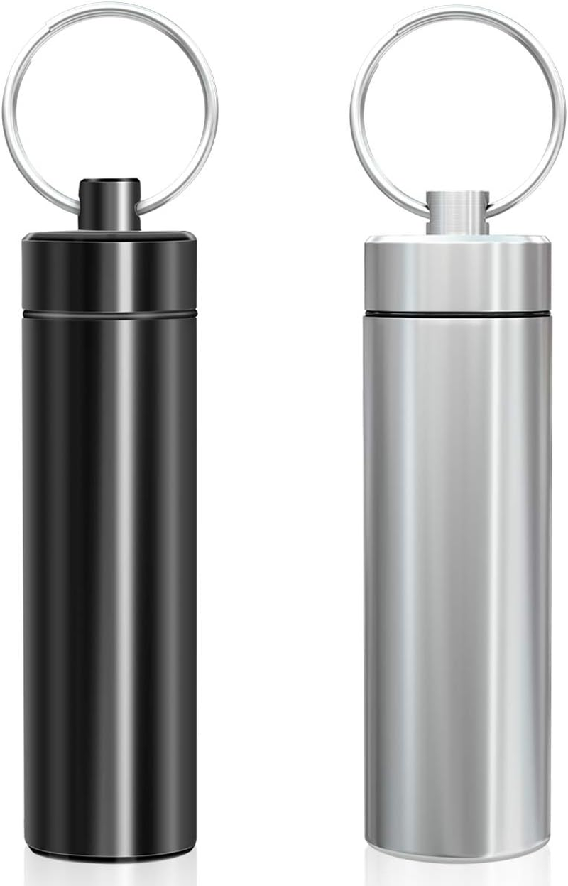 Minisland Large Portable Metal Aluminum Toothpick Holders Keychain Pocket Outdoor Travel Small Q-Tips Pill Containers Waterproof Dia.23Mm Silver and Black Set -MSL144 image number 2