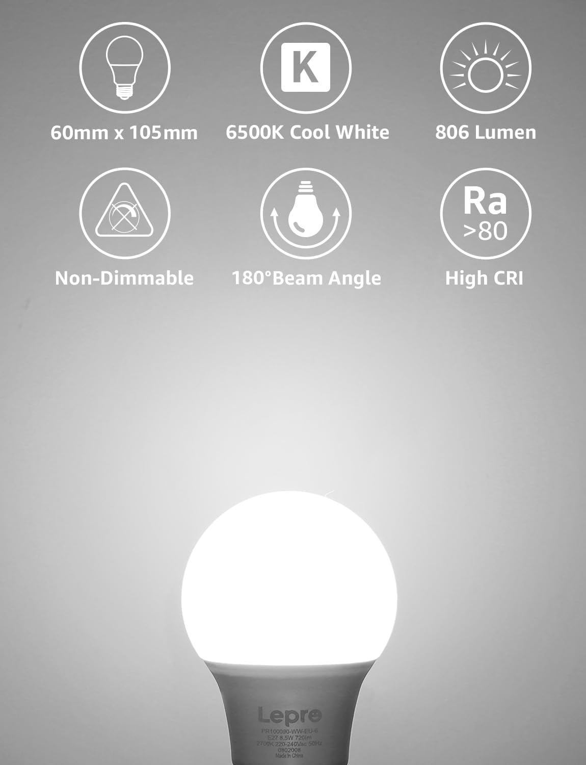 Lepro Bayonet Light Bulb, Cool White 6500K, 60W Equivalent, 8.5W 806LM B22 LED Bulb Daylight White, Energy Saving Light Bulbs Bayonet, Non-Dimmable, Pack of 6 image number 2