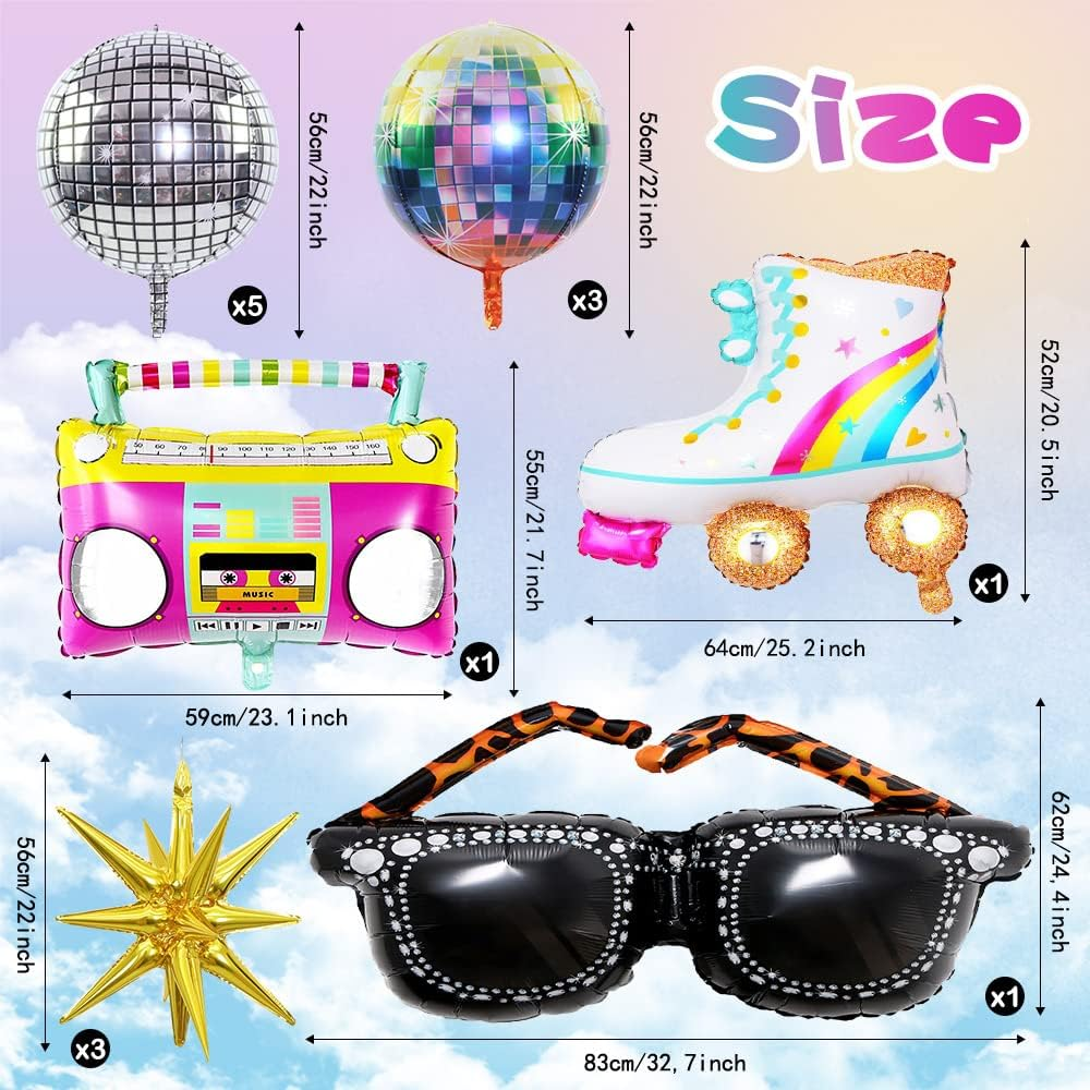 14 PCS Disco Ball Radio Boombox Roller Skate Glasses Gold Explosion Star Huge Foil Balloons Party Decoration Set for Birthday Bachelorette 70S 80S 90S Theme Disco Party Decor Supplies image number 2