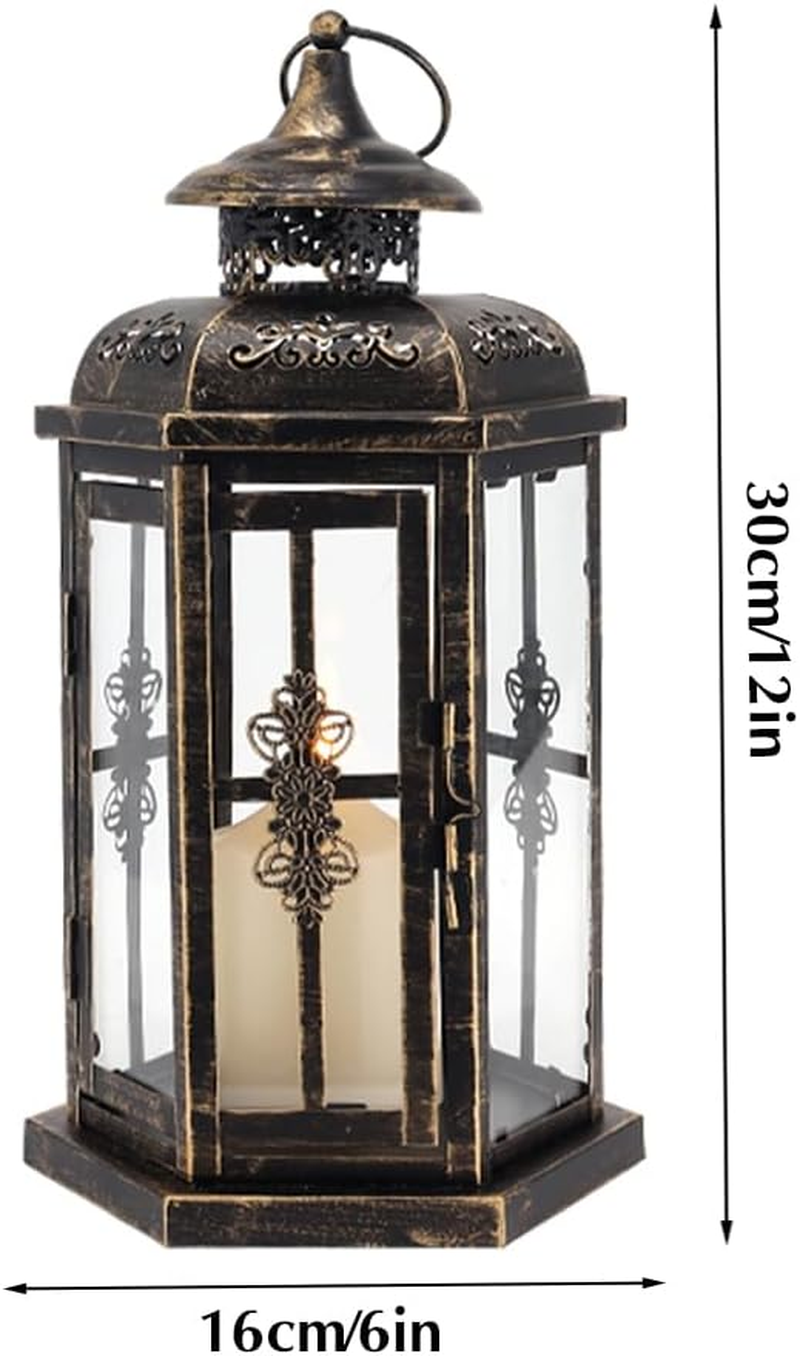 JHY DESIGN Medium Decorative Lanterns 12&ldquo;H Outdoor Candle Lanterns Vintage Metal Candle Holder for Indoor Outdoor, Events, Parities and Weddings(Black with Gold Brush)