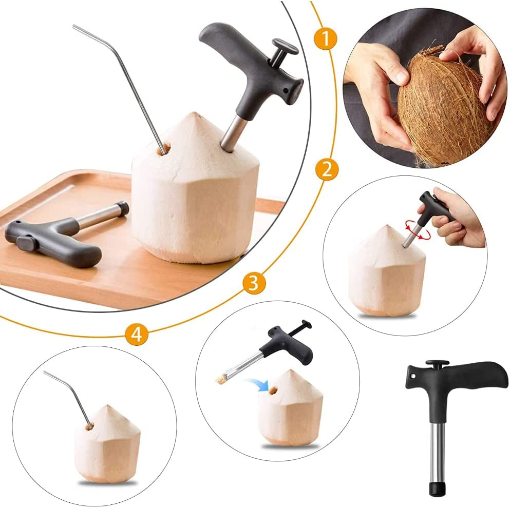 7-In-1 Coconut Opener Tool Set for Young Mature Coconuts, Coco Nut Meat Removal Tool with Rubber Mallet Meat Removal, Scraper, Straw, Food Grade 304 Stainless Steel image number 1