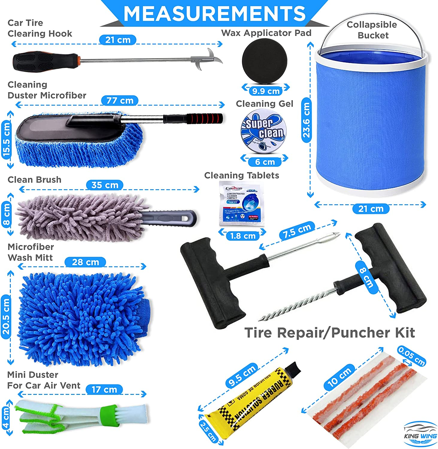 King Wing Car Wash Kit-30Pcs, Interior and Exterior Car Cleaning Tools Kit Includes Multi Size Microfiber Towels, Scrapper, Sponge, Mitt, Duster, Brushes, Wax Pads, Collapsible Bucket, Tire Repair Kit image number 5