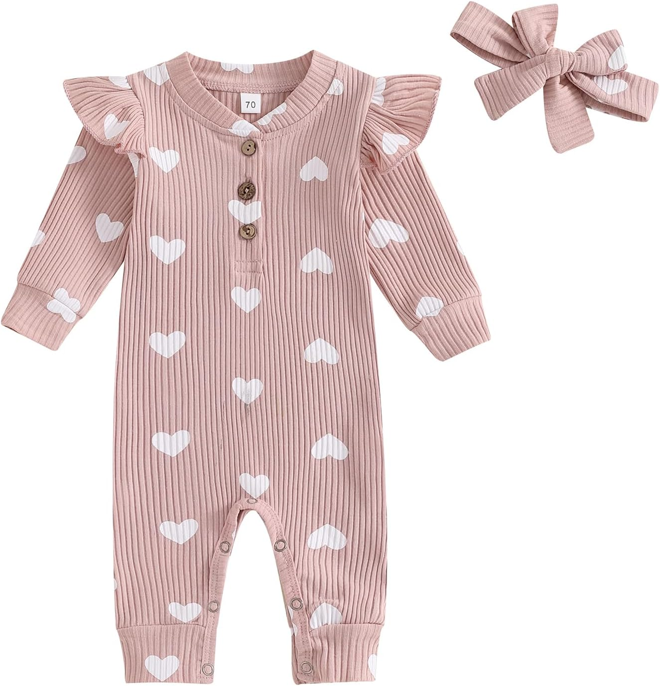 Suolongsama My First Valentines Day Baby Girl Outfit Newborn Long Sleeve Button Jumpsuit Heart Knit Romper Headband