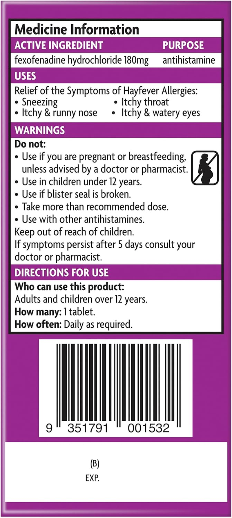Telfast Hayfever Allergy Relief 180Mg Antihistamine - Non-Drowsy - for Sneezing, Runny Nose, Itchy Eyes and Throat and Hives- 10 Tablets image number 5