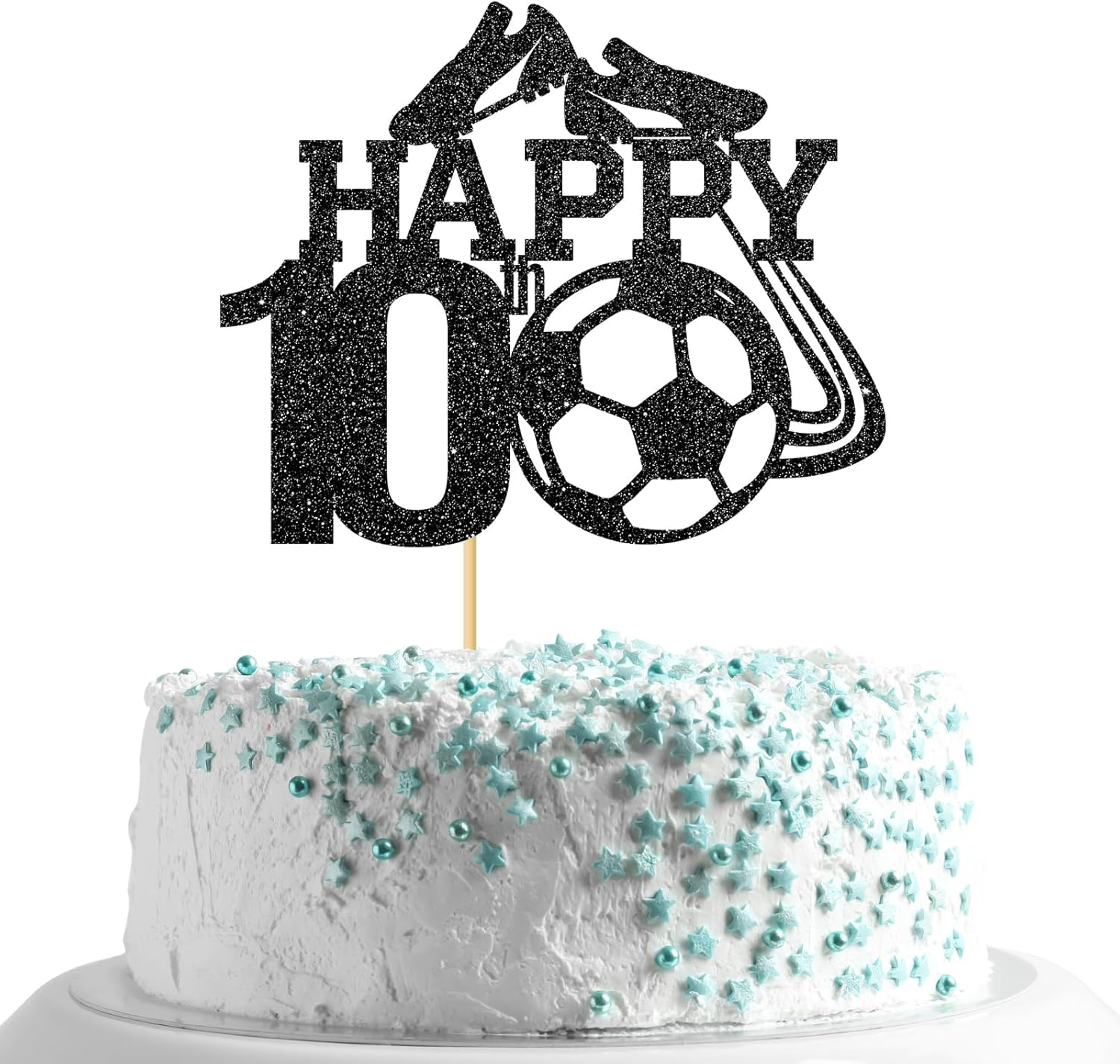 Monmon & Craft Soccer 10Th Birthday Cake Topper/Sport Theme Soccer Ball Cake Docer/Soccer Player Boy 10Th Birthday Party Decorations - Black Glitter image number 2