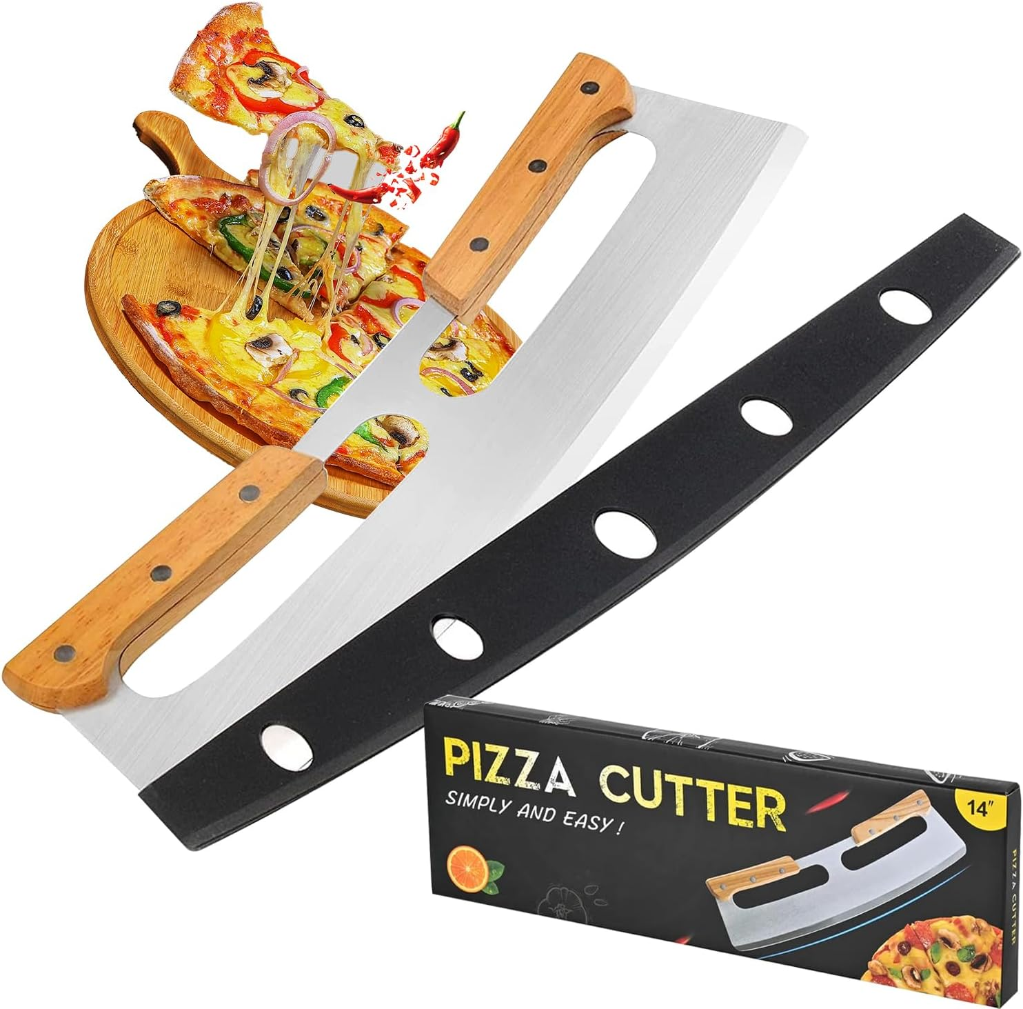 Pizza Cutter, Sharp Rocker Blade with Cover, Large Blade Solid Wood Double Grip Pizza Slicer, Long Stainless Steel Half round Bread Swing Knife, Big Pizza Knife Cutters for Kitchen Tool image number 5
