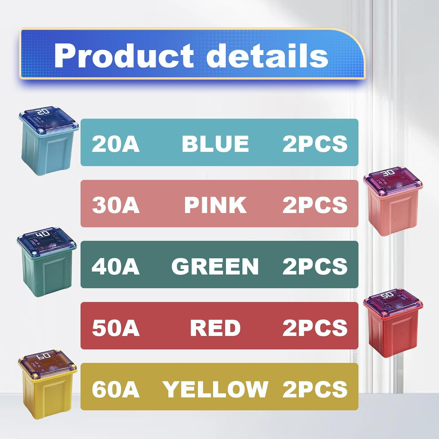 10Pcs Jcase Fuse Kit Mini Jcase Fuse Assortment Low Profile for Pickup Trucks Cars and SUVS (20A/30A/40A/50A/60A, 2Pcs Each) image number 1