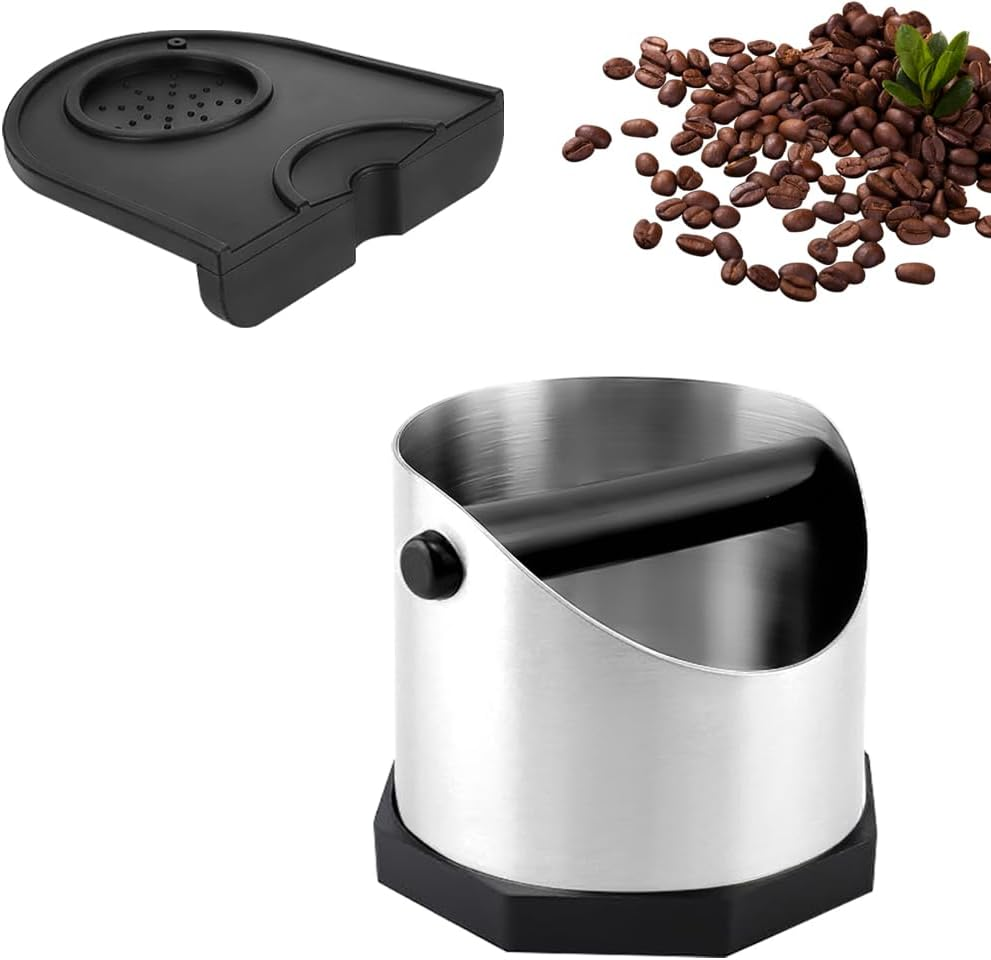 Coffee Knock Box and Tamper Mat Set Coffee Grounds Knock Box and Anti-Slip Silicone Tamp Mat Coffee Bin Accessories for Home Coffee Bar (Stainless Knock Box + Tamper Mat)