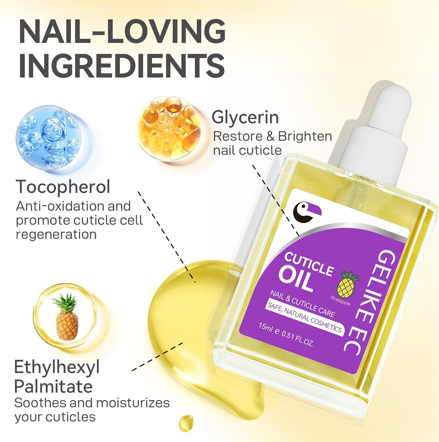 Nail Cuticle Oil for Moisturize and Repair - Gelike EC Easy and Quick Absorb Cuticles Care Treatment - Natural Pineapple Smells for Women and Men Dry Damaged Thin Nails image number 2