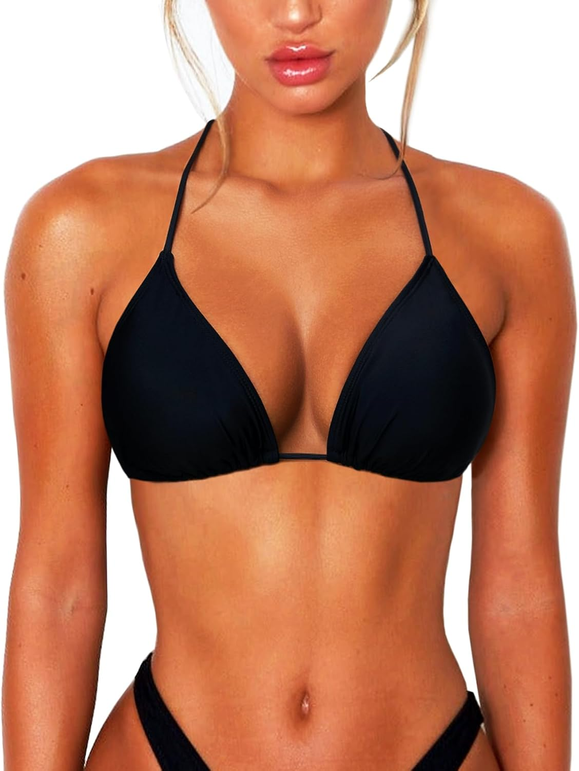 OZICERD String Bikini Tops for Women Bathing Suit Swim Tops Sexy Triangle Bikini Top Black