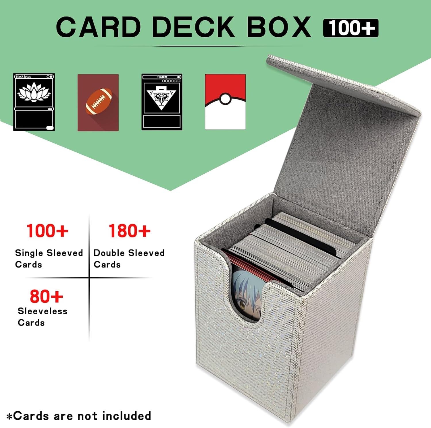 Dmoicols Sparkly Card Deck Box Holds 100+ Single Sleeved Cards,Leather Card Storage Case,Mtg Commander Deck Box with 2 Dividers Fit TCG CCG Magic Cards Vertical(Sparkly White Point)