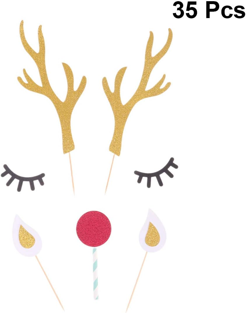 LUOZZY 20 Sets Christmas Deer Cake Toppers Glitter Elk Cake Decoration Antler Deer Eyes Nose Cupcake Picks Xmas Party Supplies - Random Color image number 1