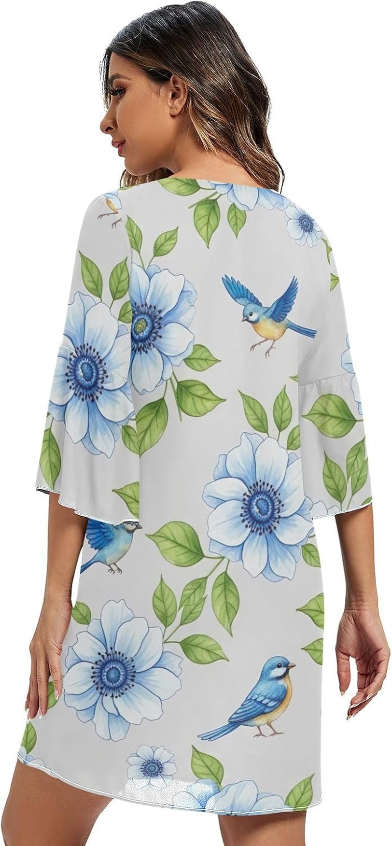 Flowers Leaves Birds Blue Casual Chiffon Dress Printed Line Maternity Dress image number 4
