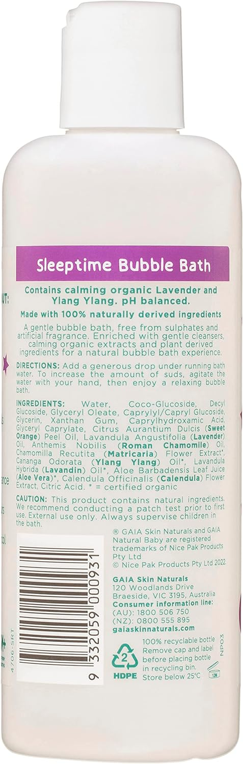GAIA Skin Natural Baby Bubble Bath Sleeptime ; 100 Percentage Natural Origin ; Sensitive Skin Formula ; Organic Lavander ; Organic Ylang Ylang ; Sulphate Free ; Perfume Free ; Australian Made - 250Ml image number 2