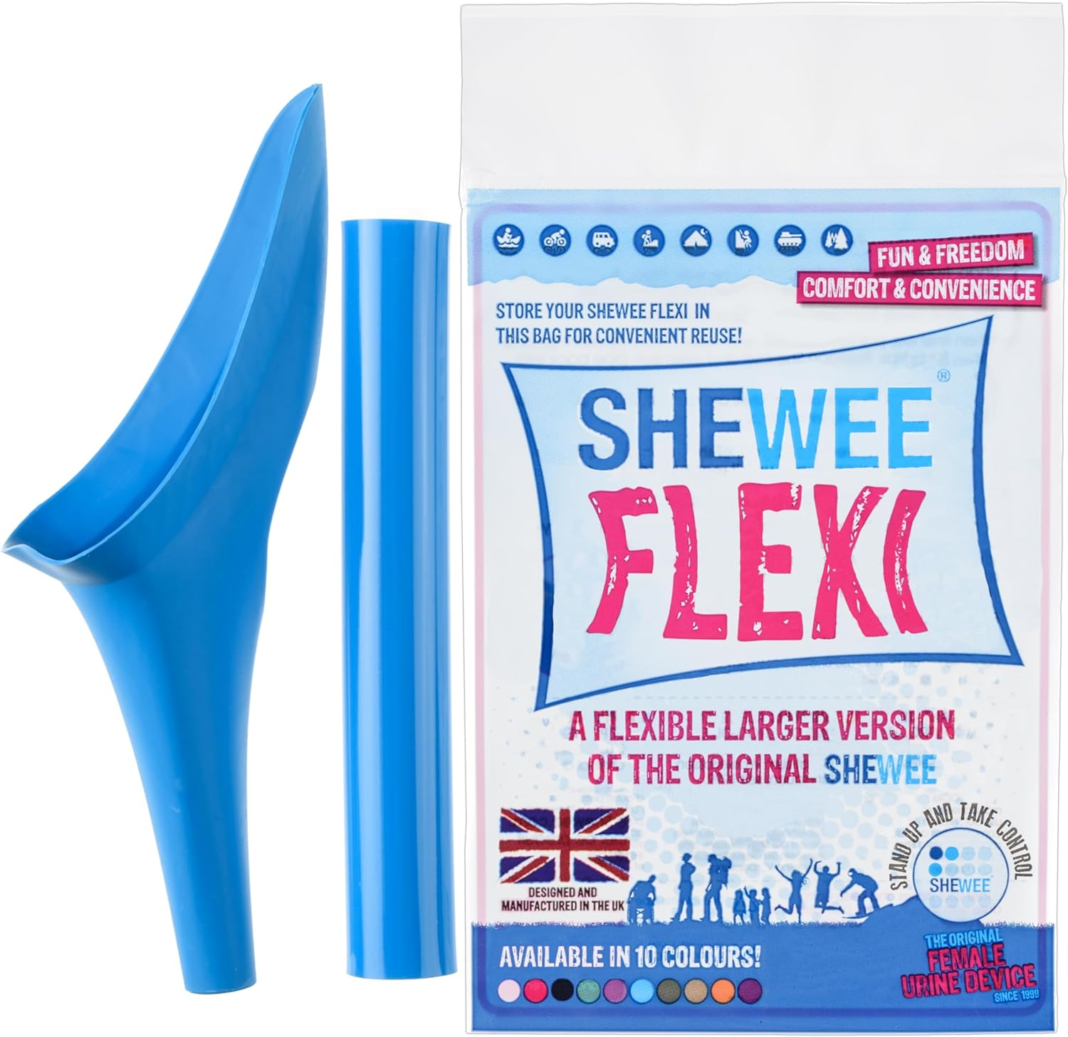 SHEWEE Flexi Female Urinal - Made in the UK &ndash; Flexible, Reusable, Portable & Recyclable Urination Device. Festival, Camping, Car, Hiking Essentials for Women. Stand to Pee Device W/Extension Pipe