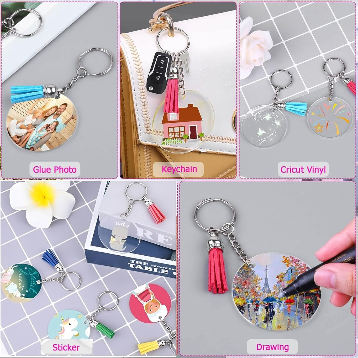 350 Pcs Acrylic Keychain Blanks,Diy Transparent Keychain Tassels Set, Include 60 round Acrylic Circle Disc,60 Key Rings with Chain,60 Colorful Tassel,170 Jump,Rings for DIY Keychain and Craft image number 5
