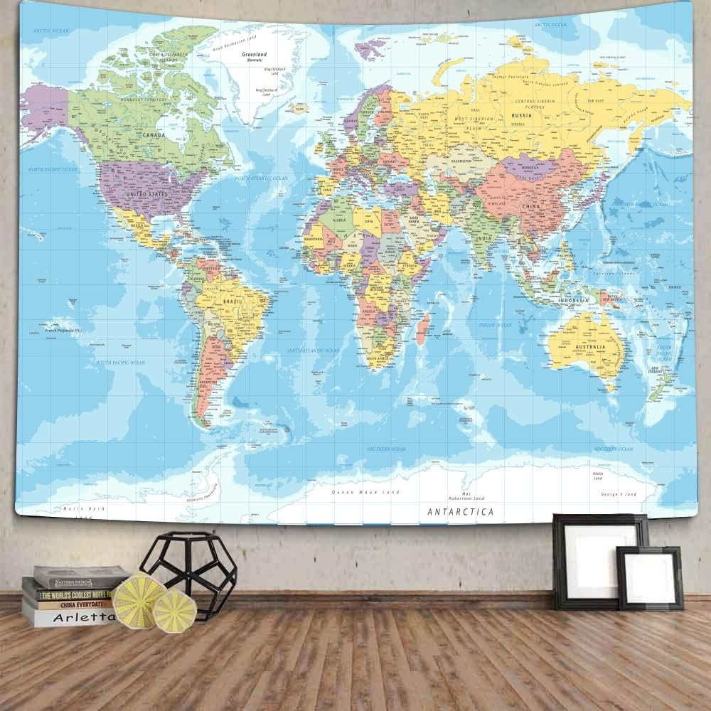 TOMOZ World Map Tapestry Wall Hanging for Kids Student, World Map with Countries and Major Cities Tapestry Educational Tapestry for Bedroom Living Room Dorm Home Decoration 80 X 60Inch image number 3