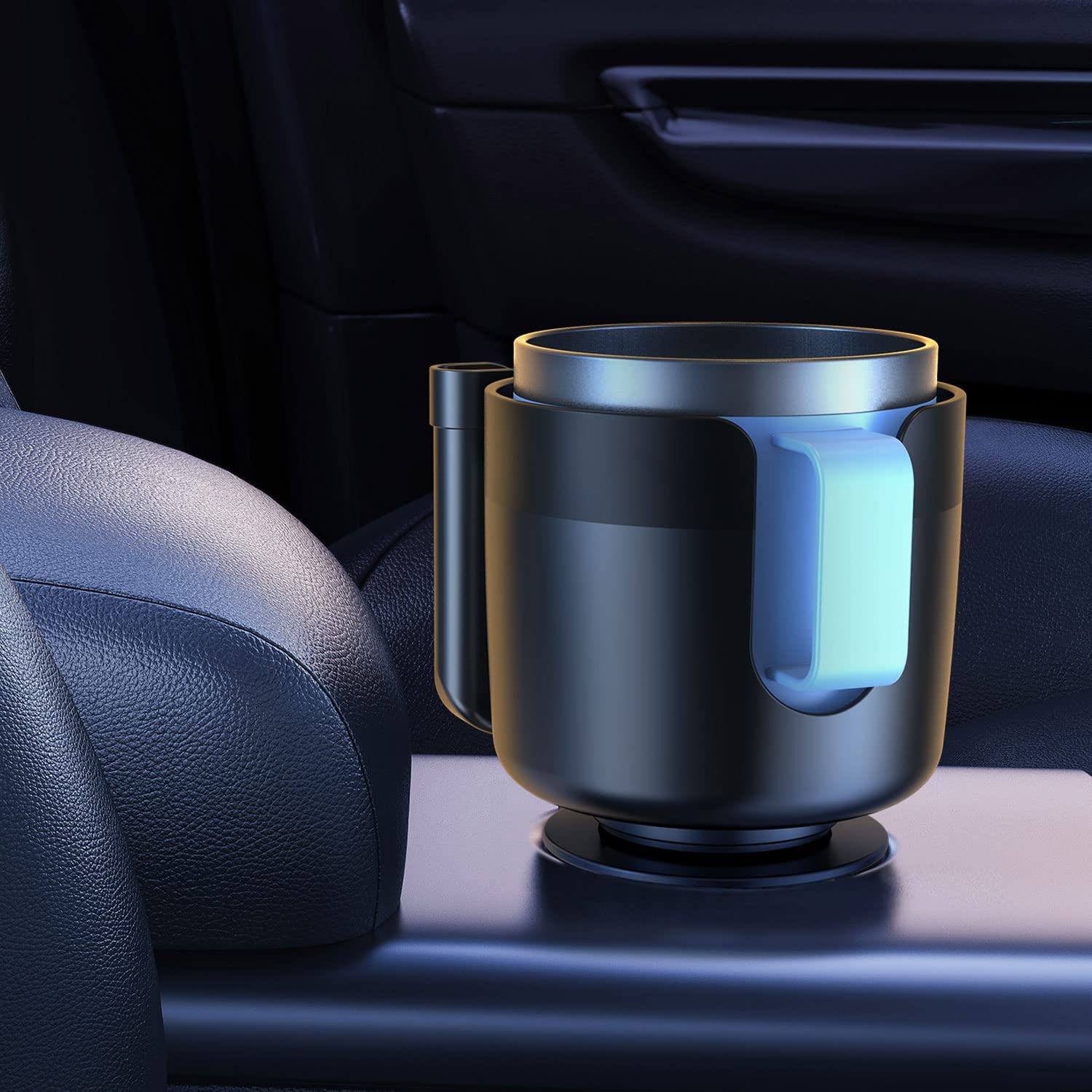 Car Cup Holder Expander with Cell Phone Stand, Adjustable Base - Rubber Tabs Cup Holder Fits Most Bottles and Cup. (Large, Black) image number 2