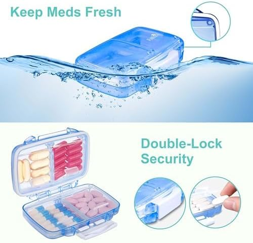 Fullicon 2 Pack Travel Pill Organiser, 4 Compartments Portable Pill Box, Moisture Proof Small Pill Case with Labels, Travel Pill Organizer with Double Lock, Pocket Pharmacy for Vitamin & Fish Oil (Blue) image number 2