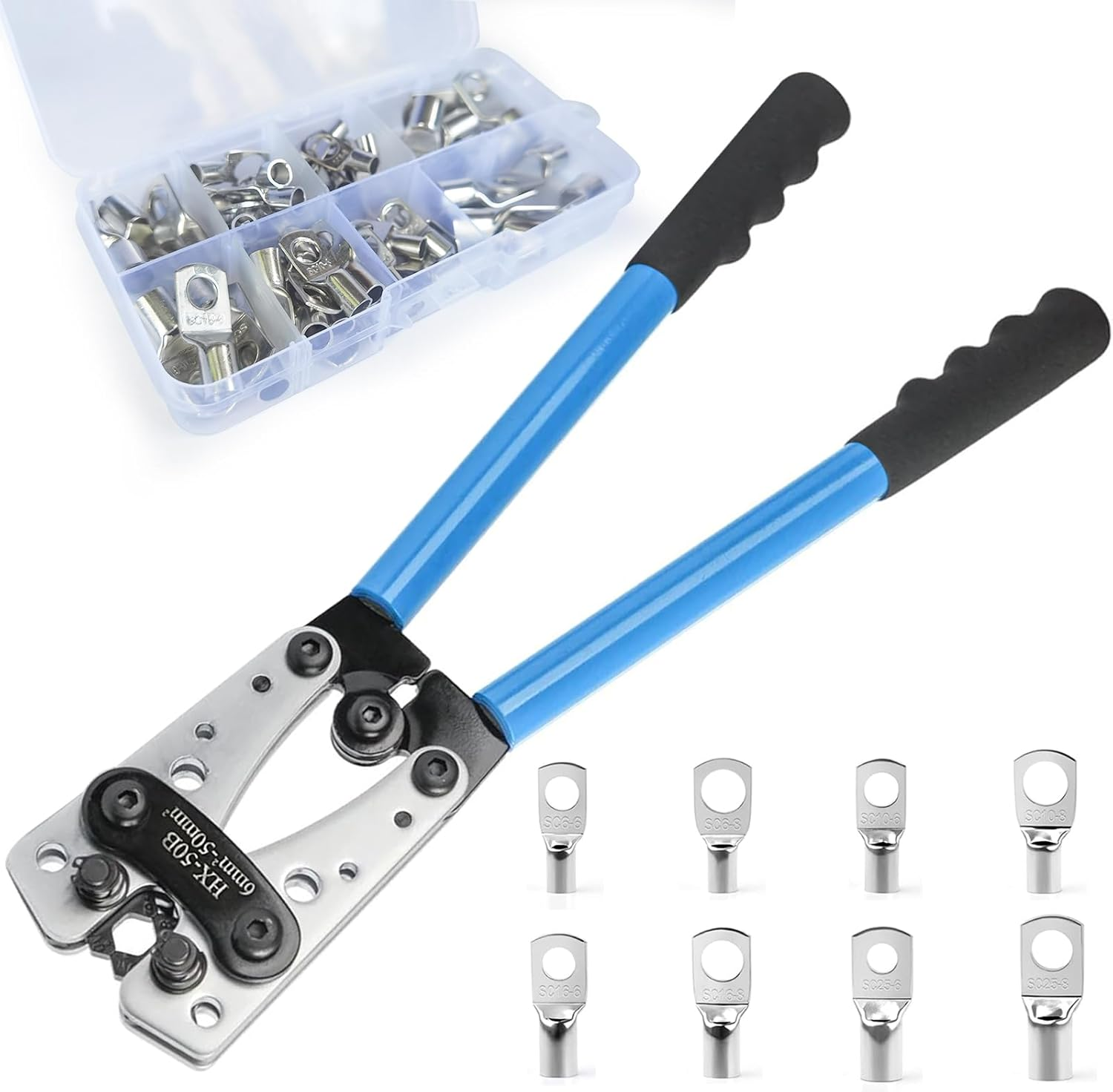 Fullfun Battery Cable Lug Crimping Tool with 60Pcs Copper Wire Lugs for Heavy Duty Wire Lugs, Battery Terminal 6-50Mm&sup2;, Wire Crimper for AWG 10-1/0 Electrical Lug image number 5