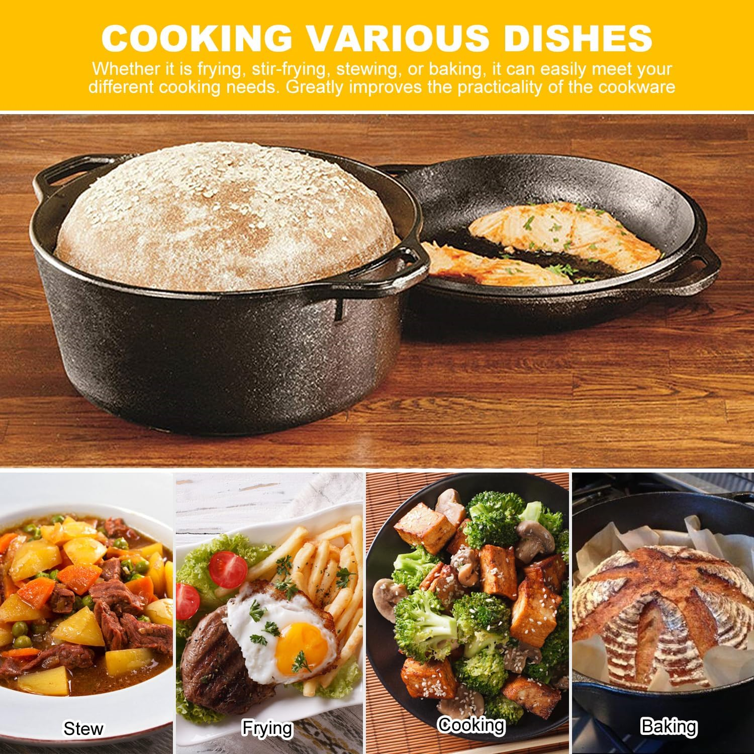 2-In-1 Pre-Seasoned Cast Iron Dutch Oven Pot with Skillet Lid Cooking Pan, round Double Function Dutch Oven, Cast Iron Pots and Pans Set with Anti-Scald Clip, Multi-Purpose, Diameter 26Cm, 4.7L image number 4