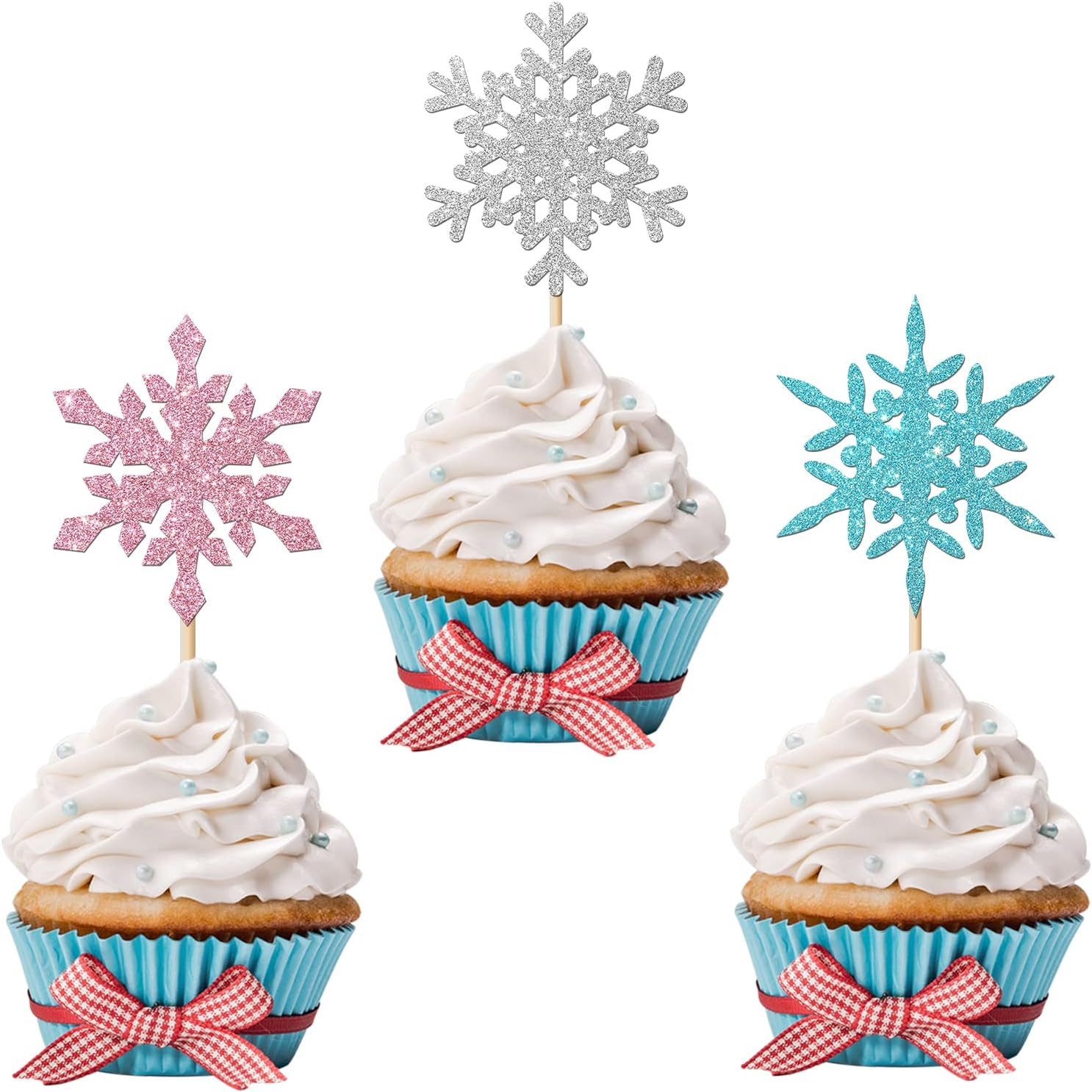 24Pcs Glitter Snowflake Cupcake Toppers, Winter Snowflake Cupcake Picks, Snowflake Theme Baby Shower Kids Boys Girls Birthday Christmas Party Cake Decorations
