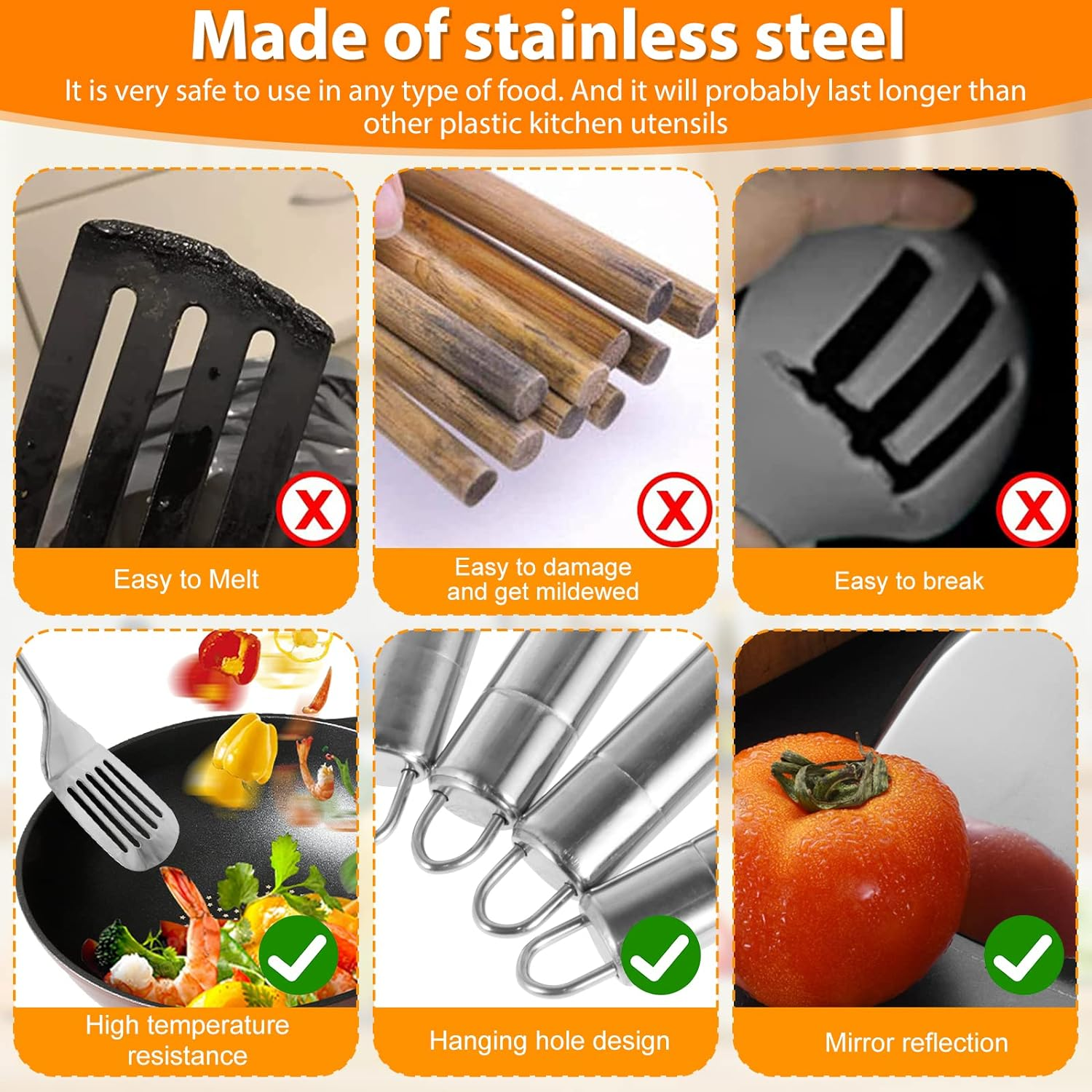Stainless Steel Cooking Utensils Set Kitchen Tools Set Kitchen Gadgets Cookware Professional Wok Utensils Set Stainless Steel Kitchen Utensils for Hanging Dishwasher Safe (5) image number 5