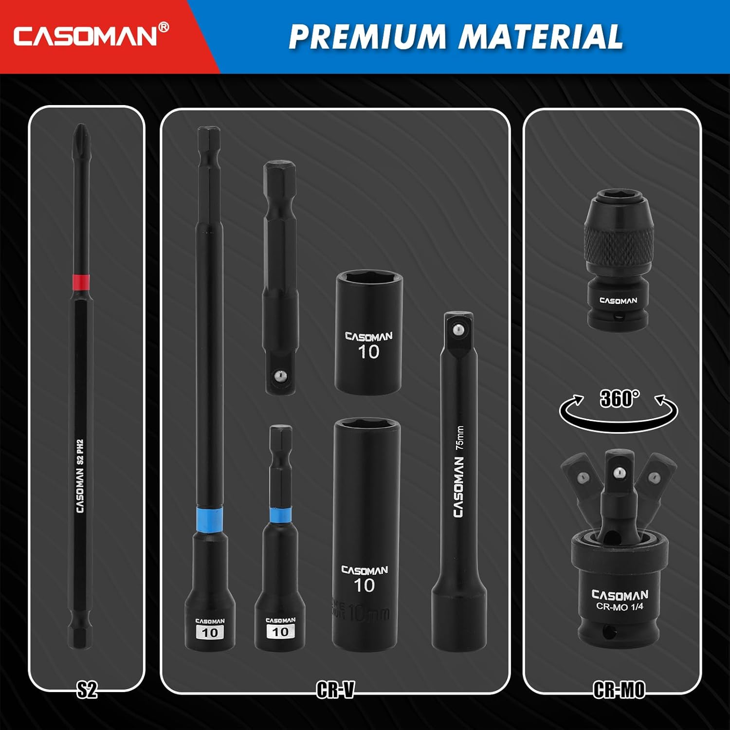 CASOMAN 52 PCS 1/4" Drive Magnetic Nut Driver & Socket Set & Accessory Set, Metric, 50BV30 and S2 image number 4