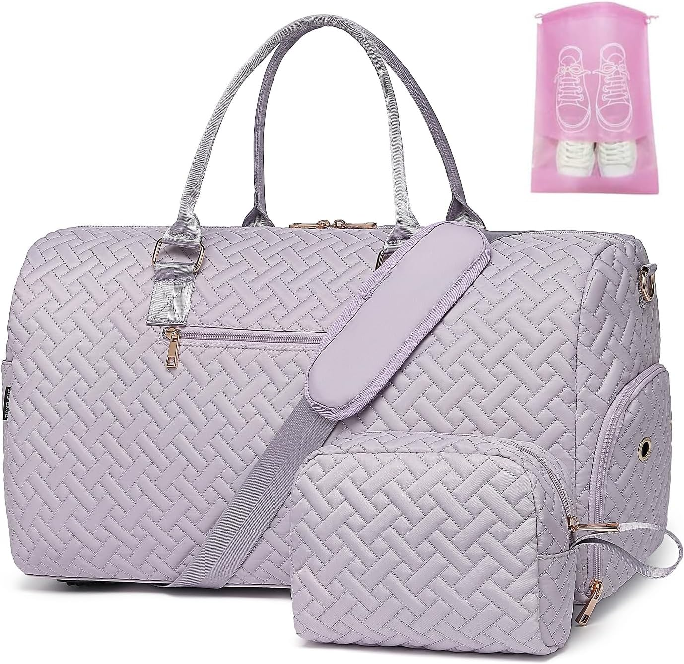 Duffle Bag for Travel, Weekender Bag with Shoe Compartment, Carry on Overnight Bag for Women with Toiletry Bag, 50L Gym Bag with Wet Pocket, Hospital Bags for Labor and Delivery, Lavender Purple, - Beige image number 7