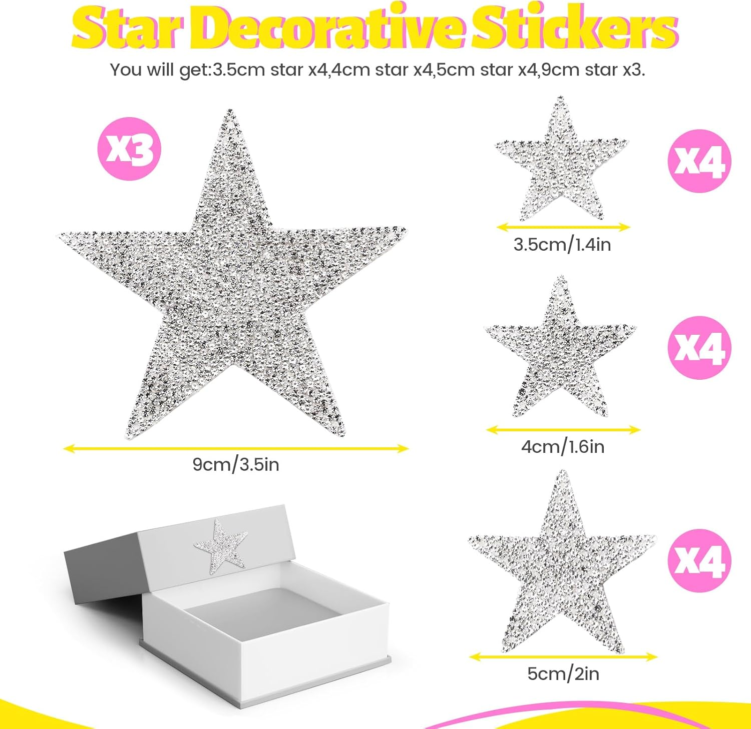 15 Pack Rhinestone Star Stickers, Bling Car Stickers Self Adhesive Diamond Decals, 4 Sizes Glitter Crystal Gem Decoration Appliques for Auto Window Laptop Luggage Phone (Silver) - Silver image number 4
