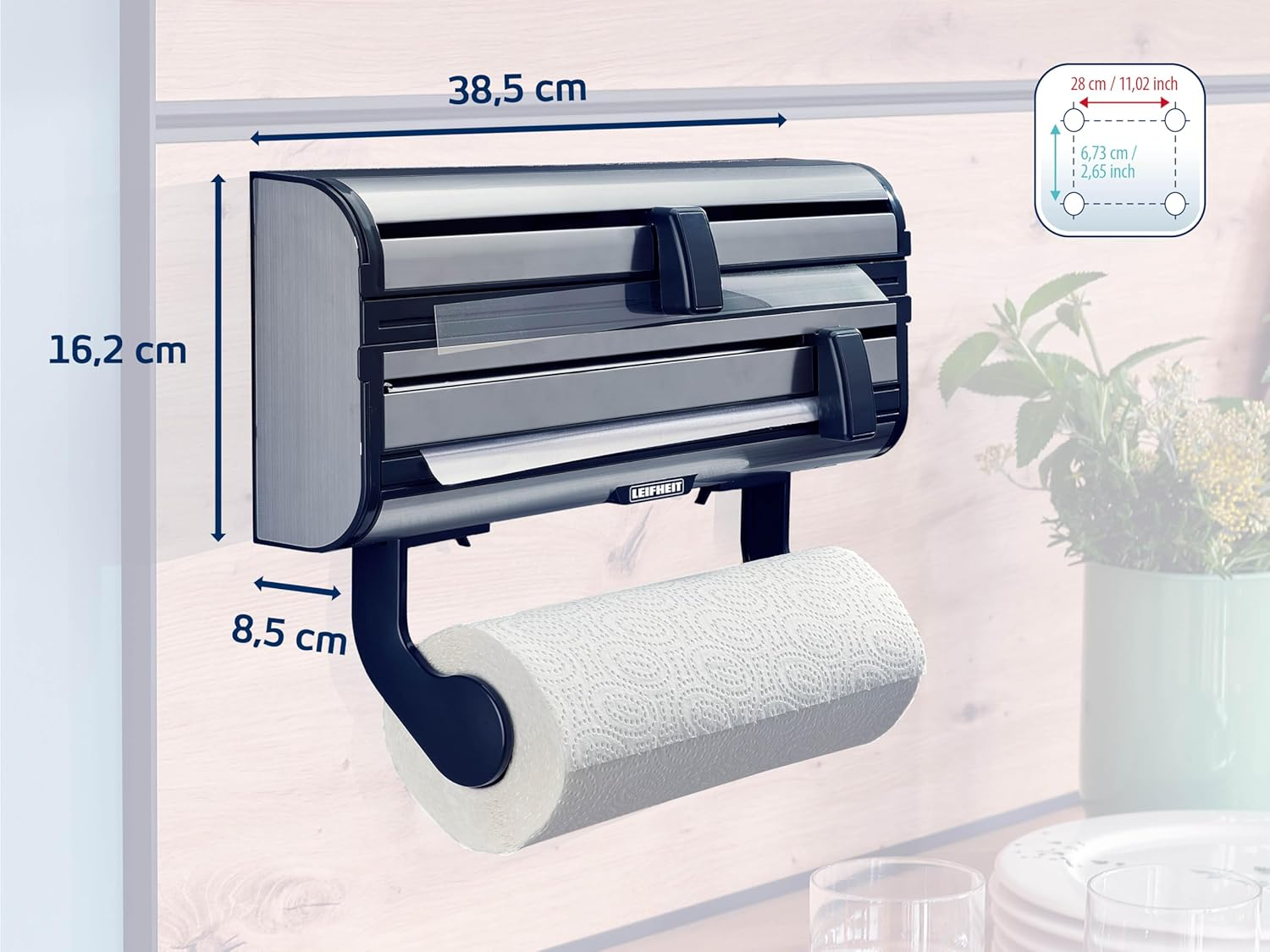 Leifheit Parat Royal 2.0 Wall Holder for 3 Rolls, Kitchen Roll Holder for Smooth Cut Edges, Paper Roll Holder for Handy Films, Foil Cutter with Razor-Sharp Blades Silver 38.5 X 16.2 X 8.5 Cm 25793 image number 3