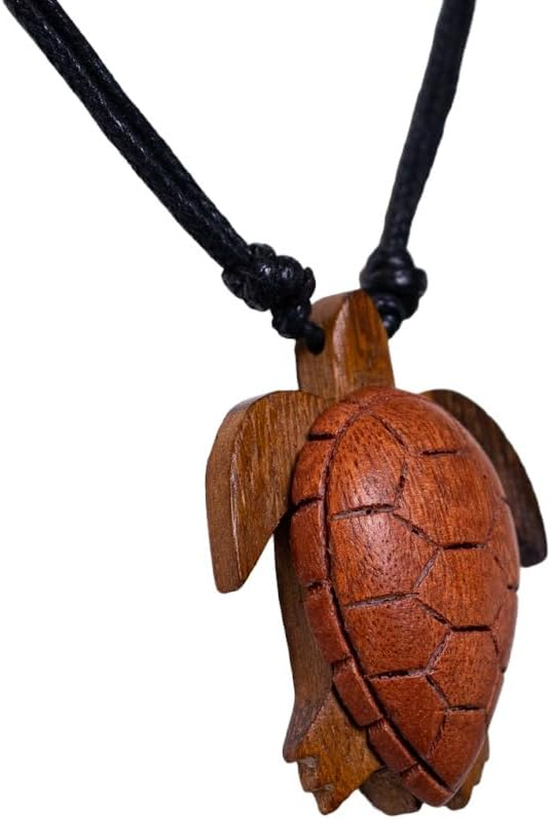 Bluerica Hand Carved Wood Sea Turtle Pendant on Adjustable Black Rope Cord Necklace, Wood Natural-Fiber image number 4