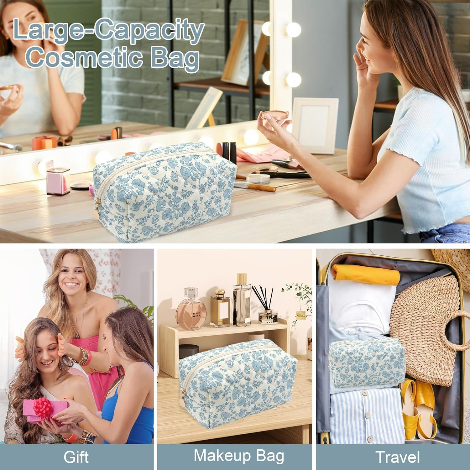 Makeup Bag Travel Cosmetic Bag for Women Girls, Zipper Make up Pouch, Floral Flowers Toiletry Organizer Makeup, Portable Storage Cosmetic Travel Cloth Bag (Blue Floral) image number 2