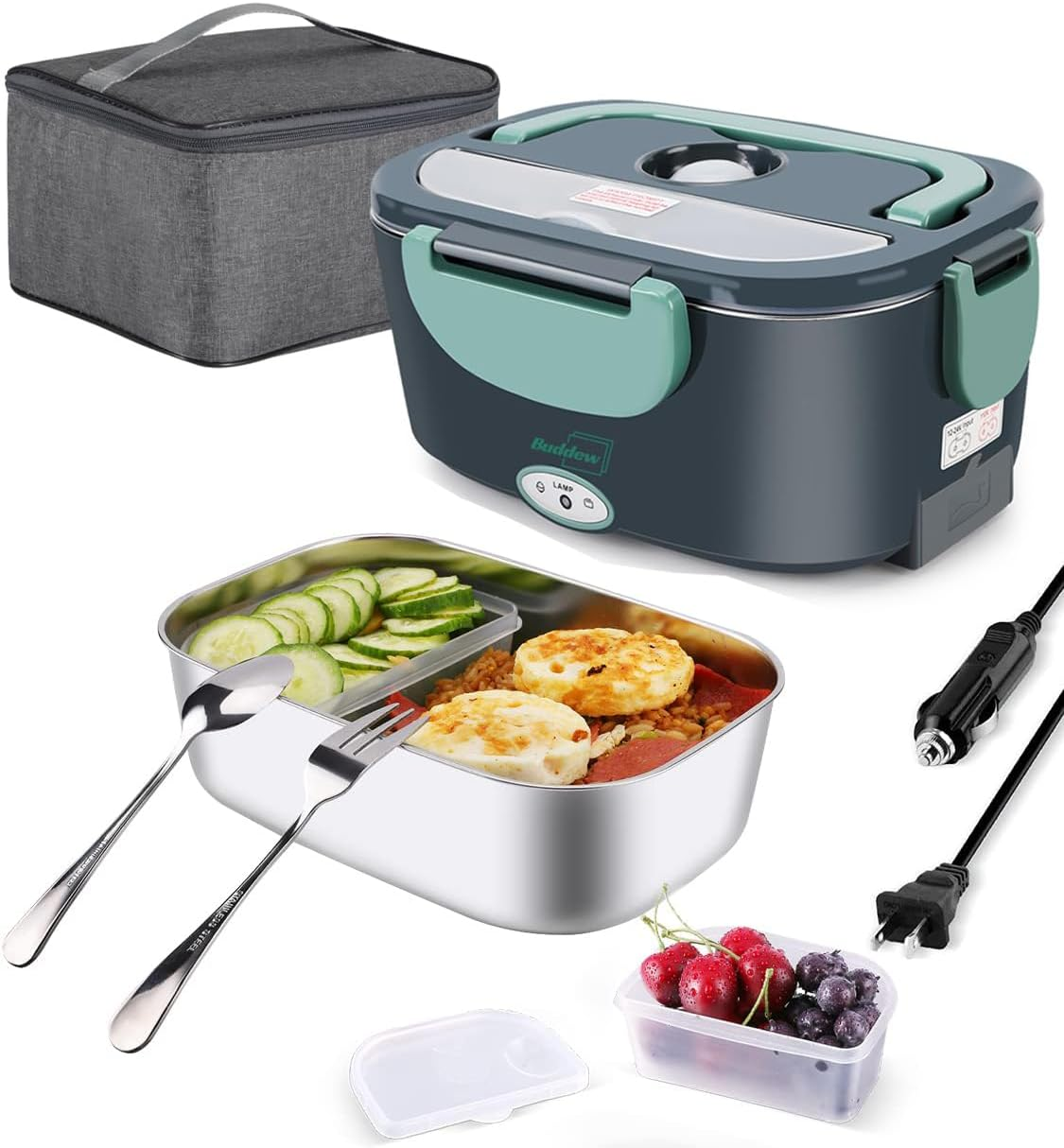 Electric Lunch Box 80W Food Heater for Adults, 240V Portable Lunch Warmer for Car/Truck/Office, Includes SS Fork & Spoon, Insulated Carry Bag (Green)