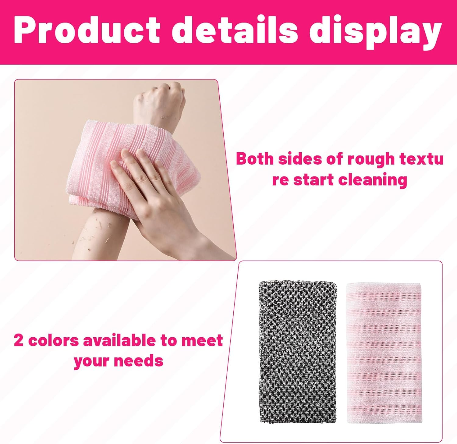 2Pcs Body Scrubber, Back Scrubber for Shower, Exfoliating Towel, Japanese Scrub Wash Cloth, Exfoliating Towel for Men Women, Body Exfoliator Loofah Luffa Sponge Net Rag Back Washer (Pink & Black) image number 3