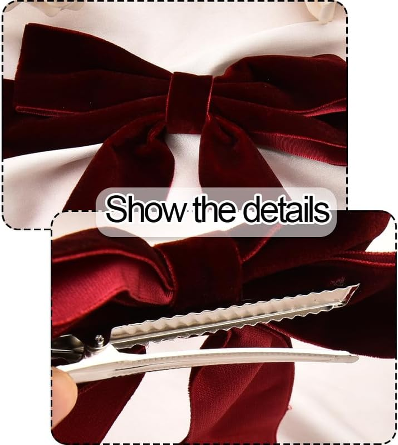 Velvet Bows for Girls Red Ribbon Bow Hair Clip Long Tail French Hair Barrettes for Women Velvet Christmas Bows for Hair Dark Red Bow Hair Accessories for Toddlers Alligator Clip