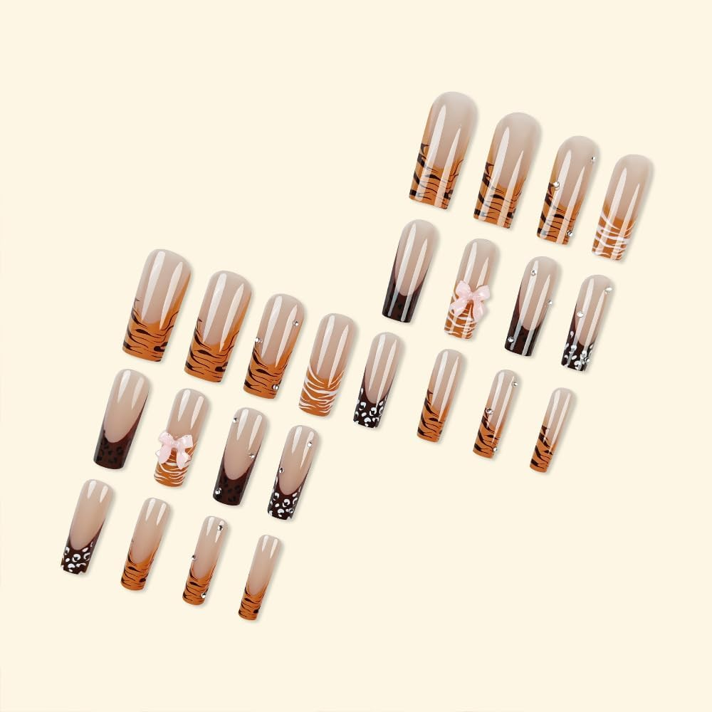 Press on Nails, Bow Leopard French Fake Nails, Artificial Nails for Women and Girls -24 Pc image number 3