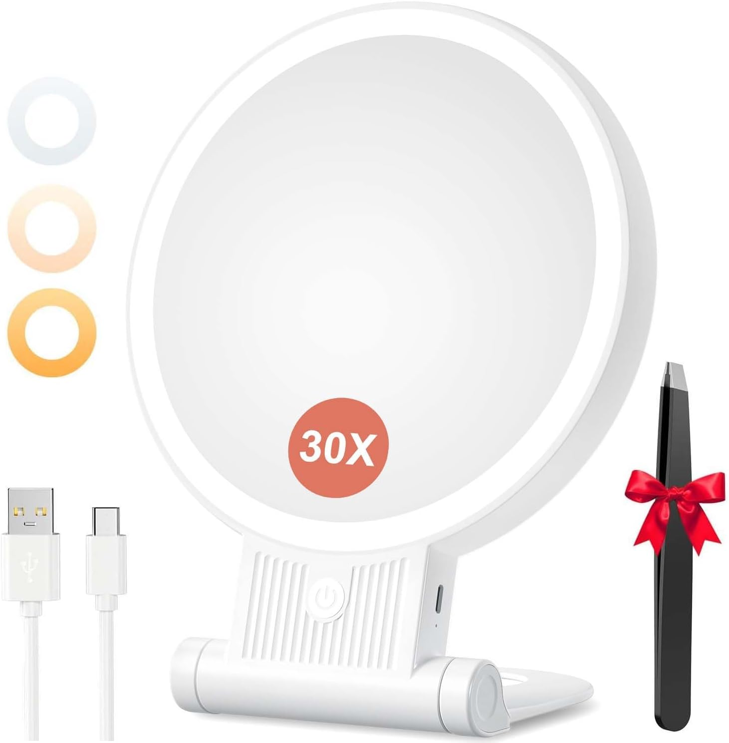 Auxmir 1X/30X Magnifying Mirror with Light, 2000Mah Rechargeable Travel Makeup Mirror with Magnification, Lighted Vanity Mirror with Adjustable Folding Handle, Tabletop Mirror for Tweezing Travel