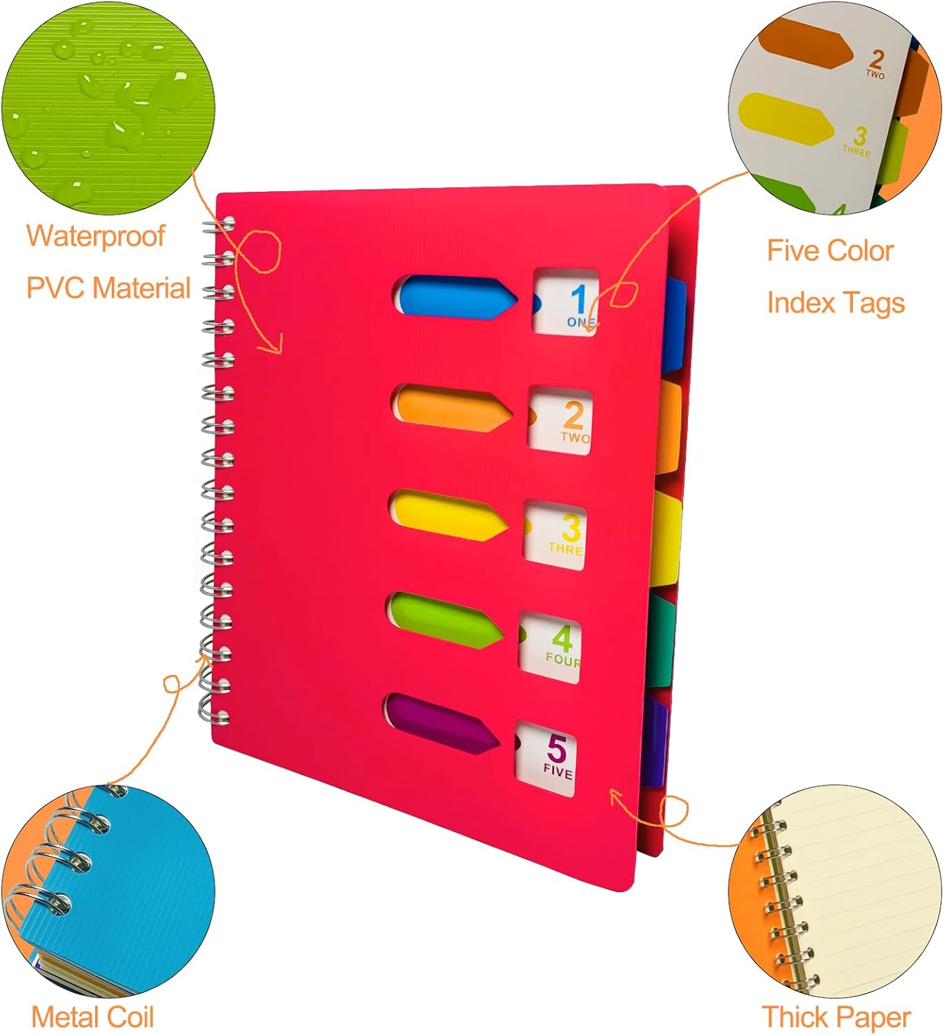 Spiral Notebook with Pen, ZACHMEST A5 Lined Notebook with Index, Hardcover Notebook Spiral Journal Notebook Subject Notebook for Work School Office Home image number 4