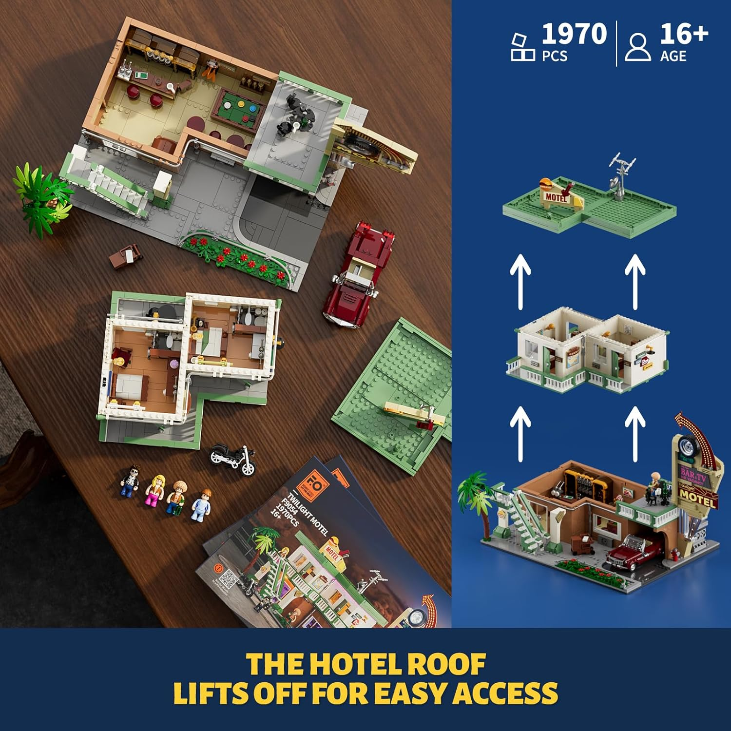 FUNWHOLE City Car-Motel Lighting Building Block Set - Retro Road Trip Car and Motorcycle Model, 1970 Pieces for Adults and Teens