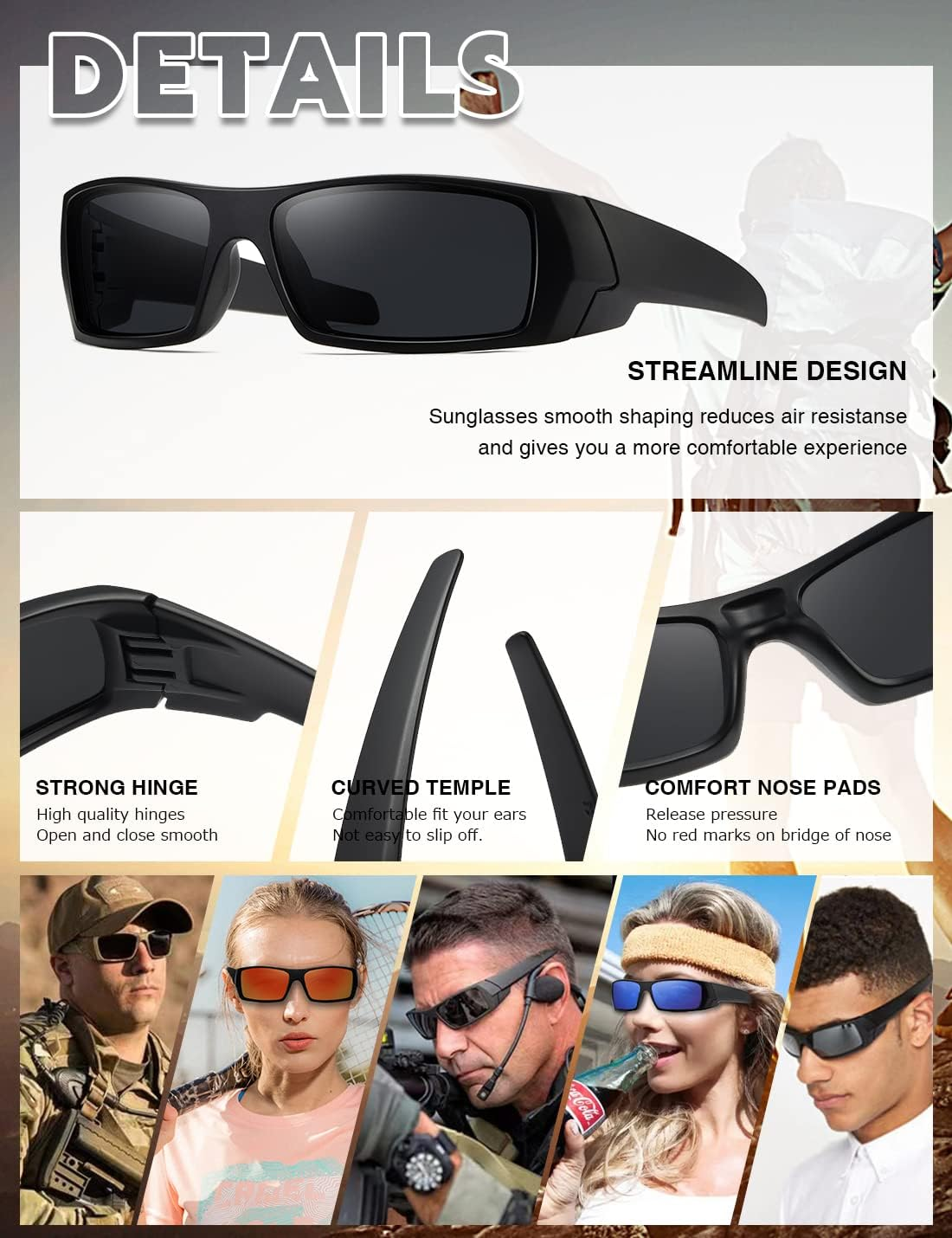 TIANYESY Polarized Sunglasses Men Womens Trendy Retro Sports Rectangular Wrap around Vintage Shot Shield - Black - Black image number 2