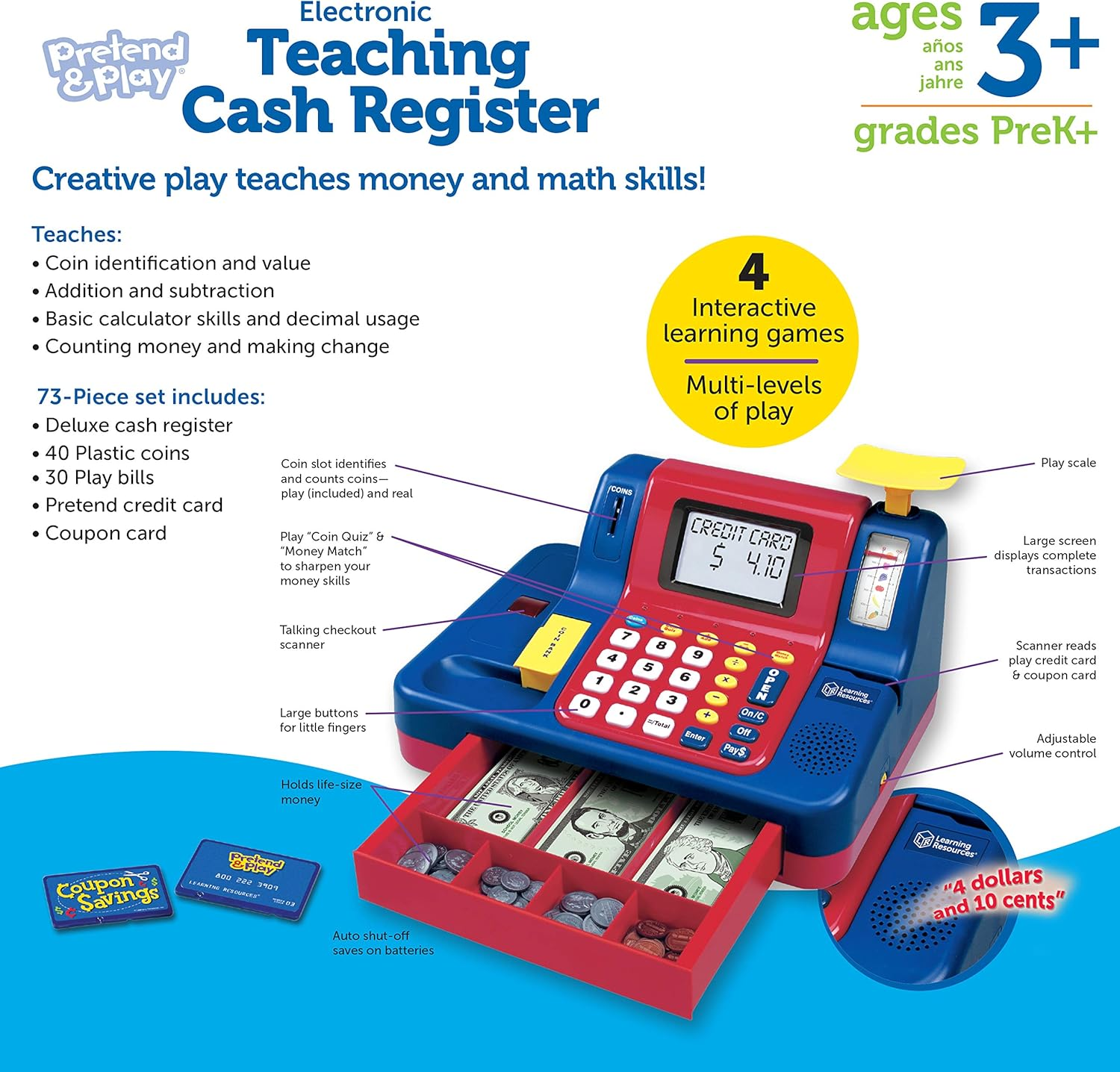 Learning Resources Pretend & Play Teaching Cash Register, Talking Register, Counting Activities, Money Management, 73 Piece Set, Ages 5+ image number 2
